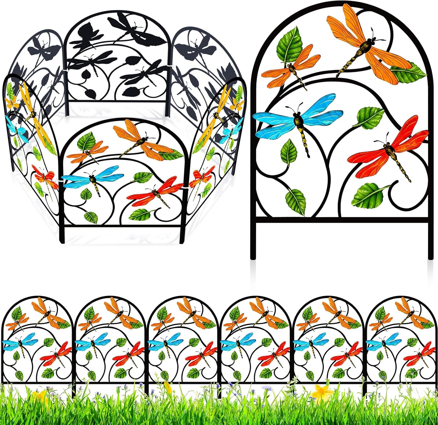 6 Pack Dragonfly Decorative Garden Fence 16.5''h x 11.8''w Animal Barrier Border Dragonfly Design Metal Arch Garden Fence Border for Spring Outdoor Patio Yard Landscape Decoration