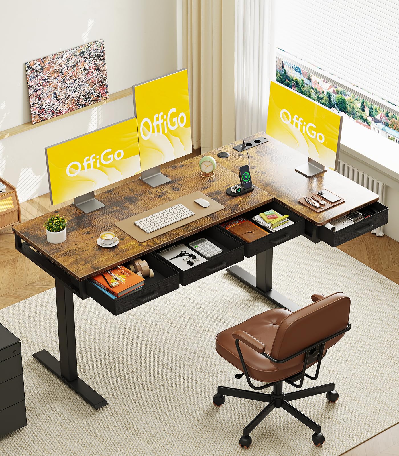 OffiGo Bureau Assis Debout Angle, 160x80cm Bureau Electrique avec 4 Tiroirs, Grand Table d'angle avec Prise, Standing Desk Réglable en Hauteur avec Rangement pour la Maison, Brun Rustique