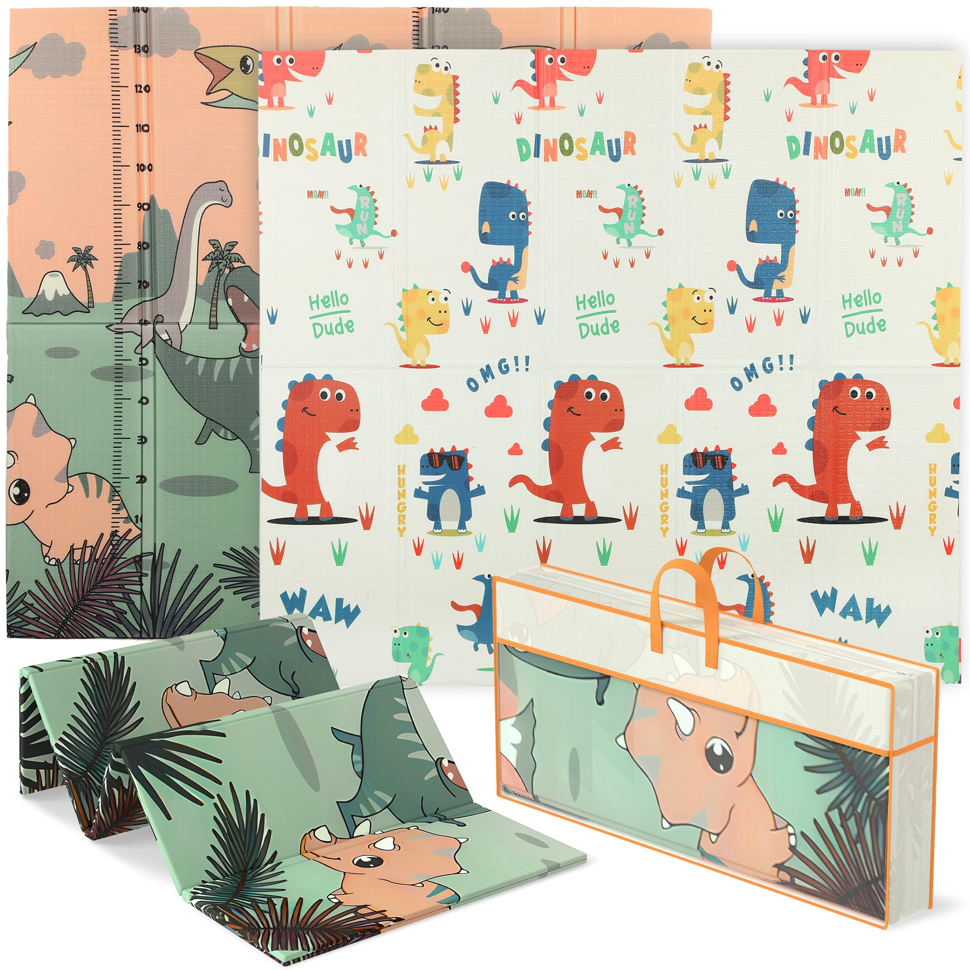 AIYAPLAY Krabbelmatte Spielmatte Baby Faltbar 196 x 176 x 1,5 cm Doppelseitige Spielteppich Krabbeldecke Kindermatte Wasserdicht für Innen & Outdoor, Dinosauriermotiv
