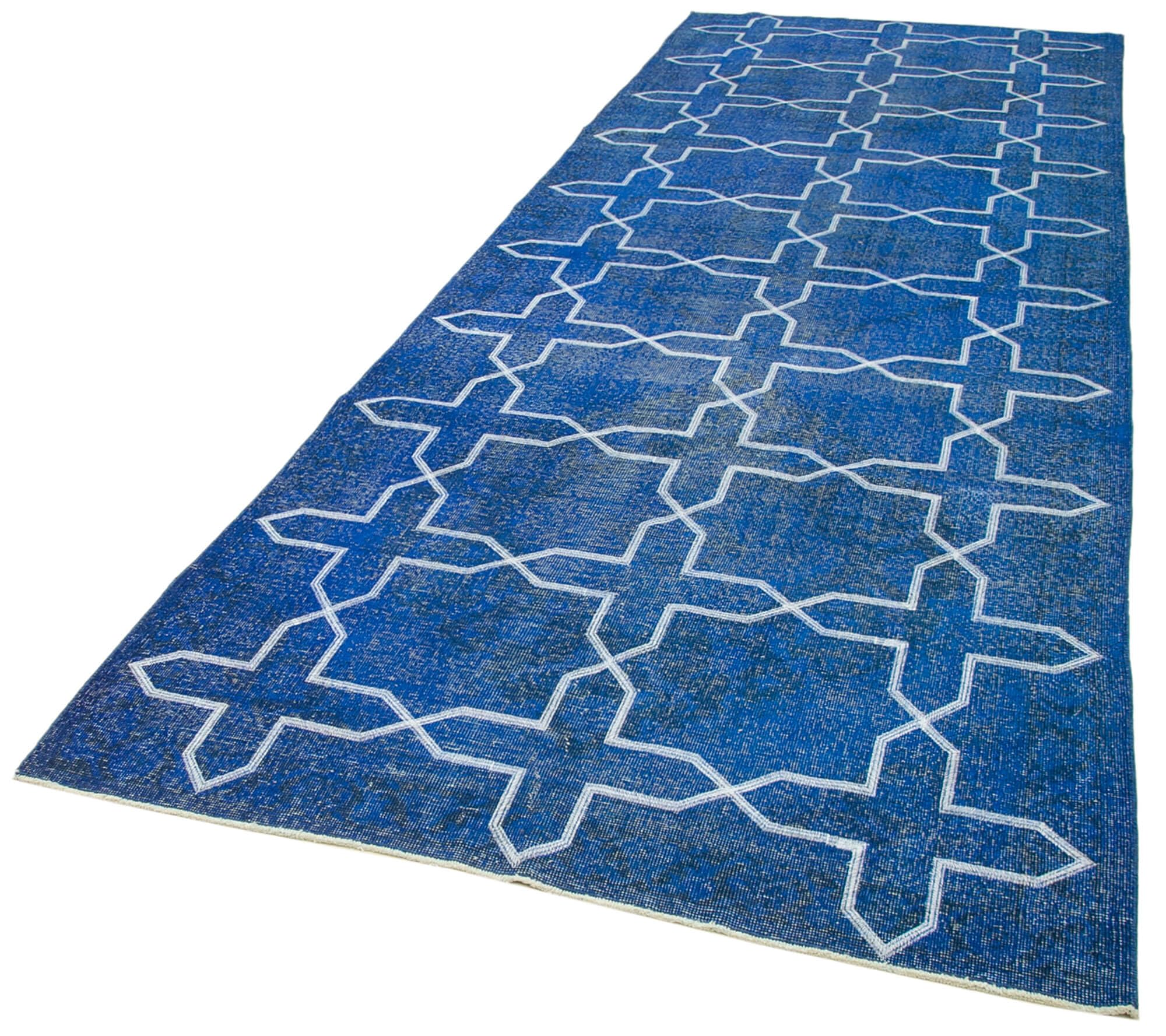 49 x 132 - 144 x 402 Cm Geometric Carpet Blue Geometric Bohemian Wool Cotton Handmade Handknotted Vintage