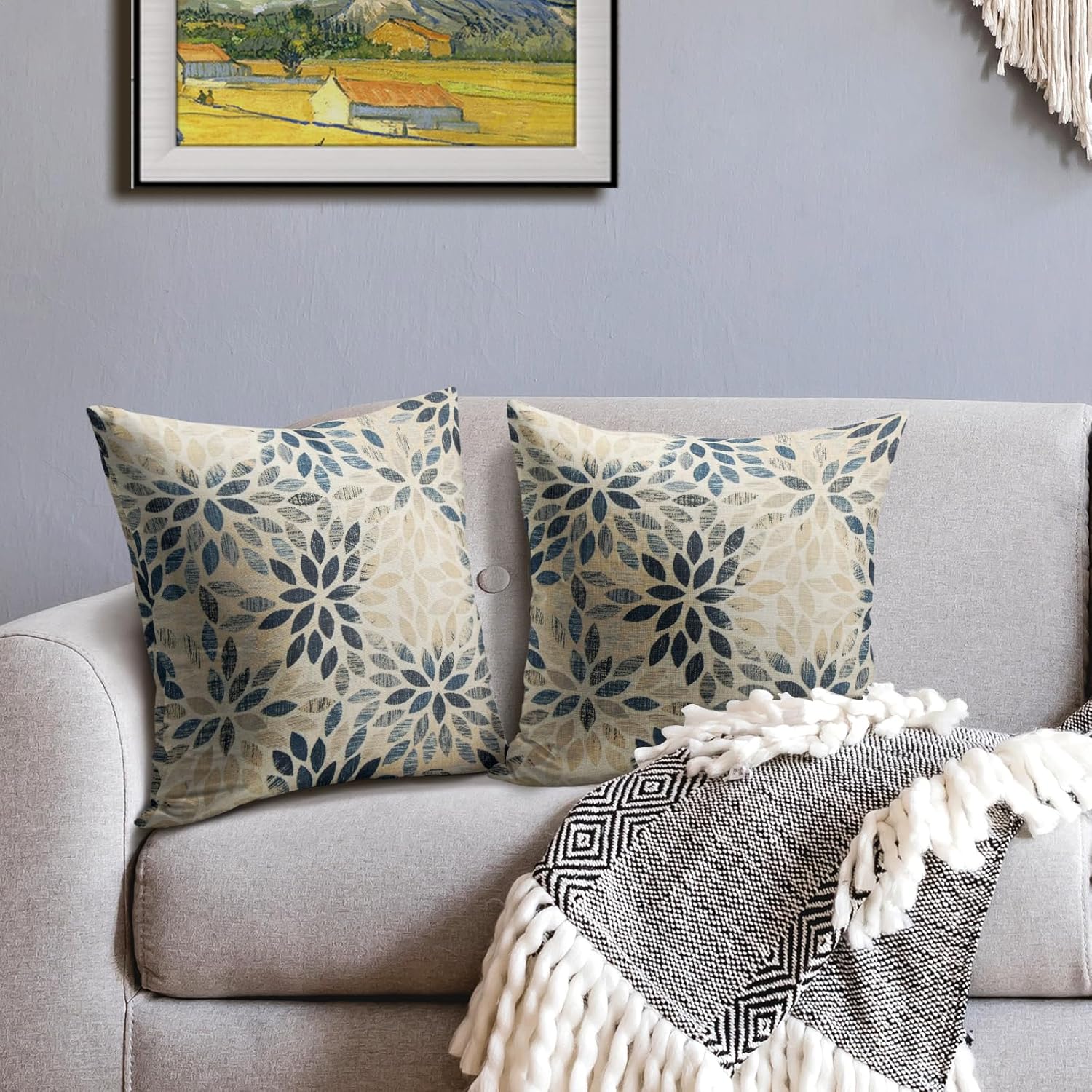 Navy Blue Beige Dahlia Pillow Covers 18x18 Set of 2 Rustic Geometric Flower Outdoor Cream Decorative Throw Pillows Summer Floral Farmhouse Pillowcases Linen Cushion Case Decor for Home Sofa Couch Bed - Image 3