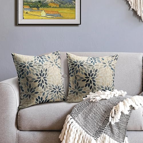 Miniatura 3 de Juego de 2 fundas de almohada de dalia azul marino beige de 18 x 18 pulgadas, diseño rústico geométrico de flores para exteriores, color crema,