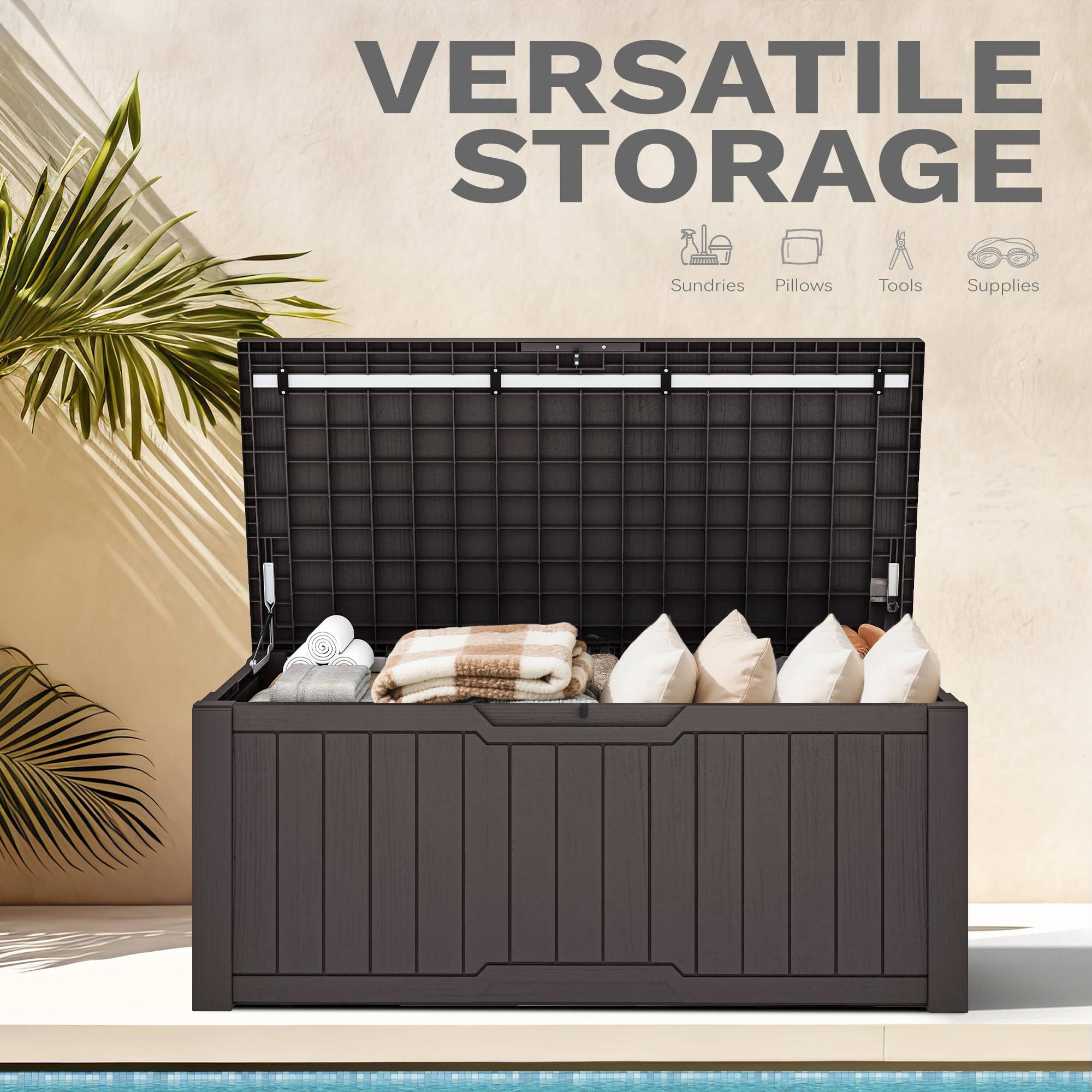 DWVO Scatola portaoggetti da giardino per esterni, 450 l, 142,1 x 67,6 x 60 cm, impermeabile, con serratura sicura, maniglie per il trasporto laterali, resistente a tutte le intemperie, scatola in