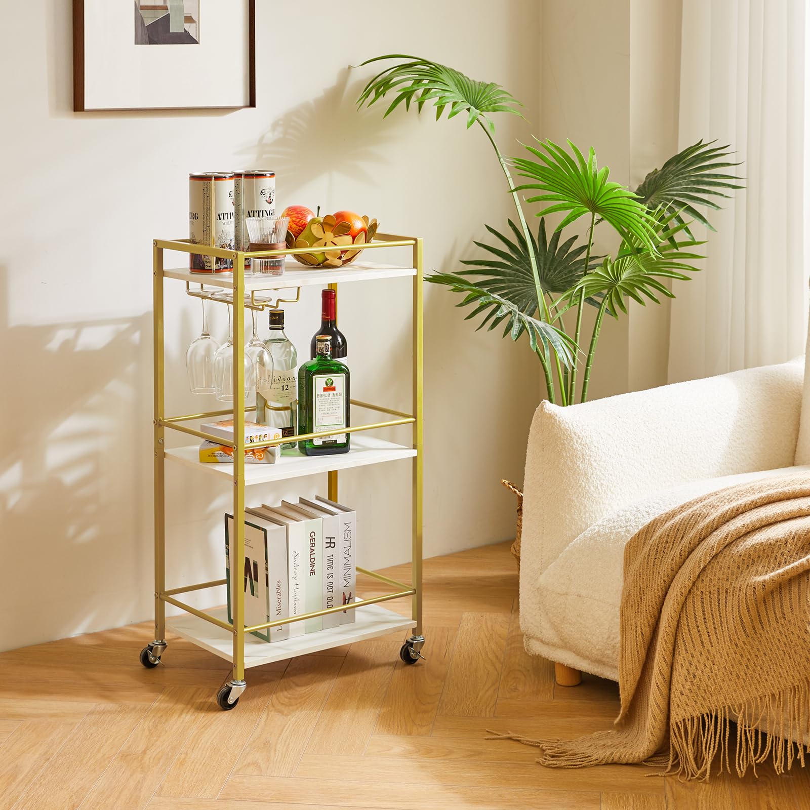 IBUYKE Chariot de Service de Bar à Domicile, Petit Chariot de Bar avec 3 Niveaux, étagère Mobile pour Boissons avec Supports à vin et Porte-Verres, Mini Bar pour extérieur, Blanc TMJ519W