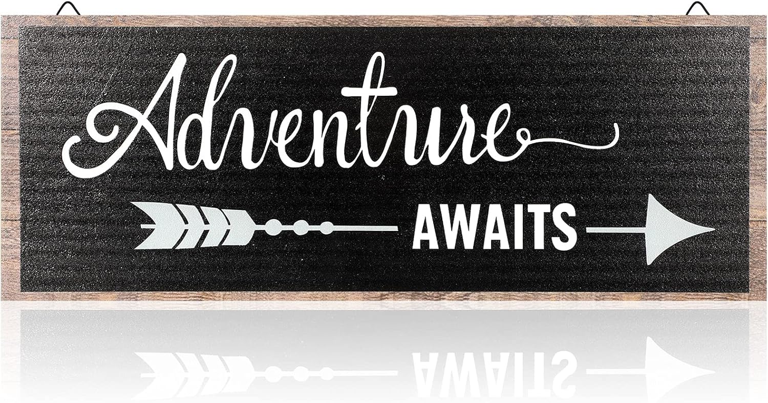 Adventure Awaits Sign Adventure Awaits Rustic Wooden Plank Sign Farmhouse Wood Decoration For Home Kid Room Child Presents, 16 x 4.8 x 0.2 Inch, Black