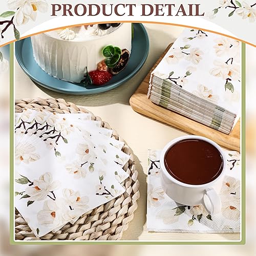 Miniatura 10 de Outus 100 servilletas de mano desechables con diseño floral de magnolia blanca de 3 capas de flores de primavera para cena, servilletas de mano