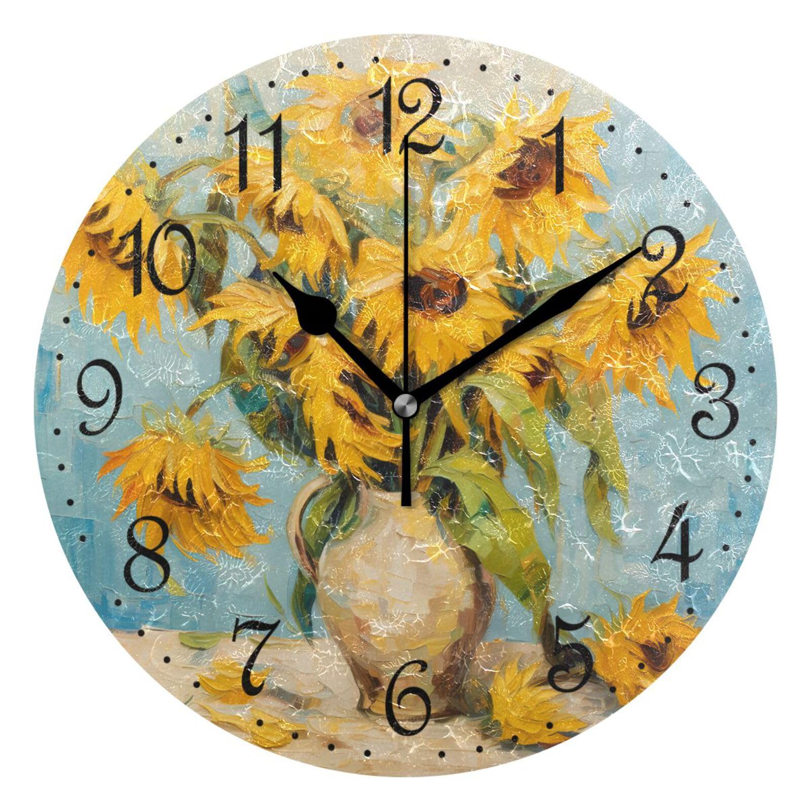 Mnsruu Wall Clock Sunflowers Vase, Silent Non-Ticking Decorative Flowers Wall Clocks Battery Operated 25x25cm