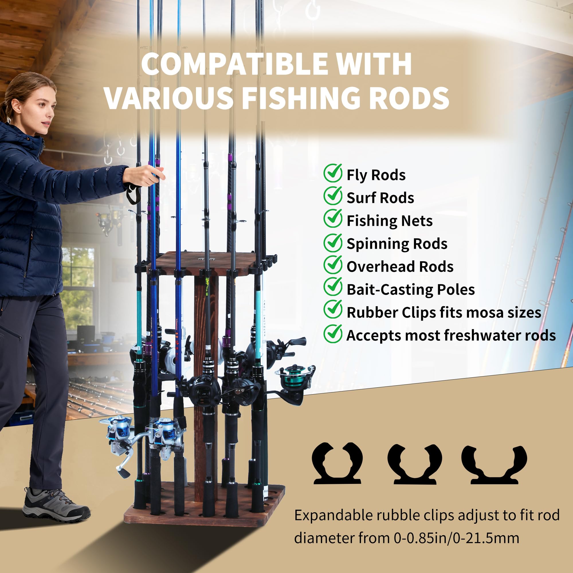Support de canne à pêche rotatif à 360 degrés, support de canne à pêche en bois pour garage jusqu'à 16 cannes à pêche, support de canne à pêche au sol, organisateur de rangement pour canne à