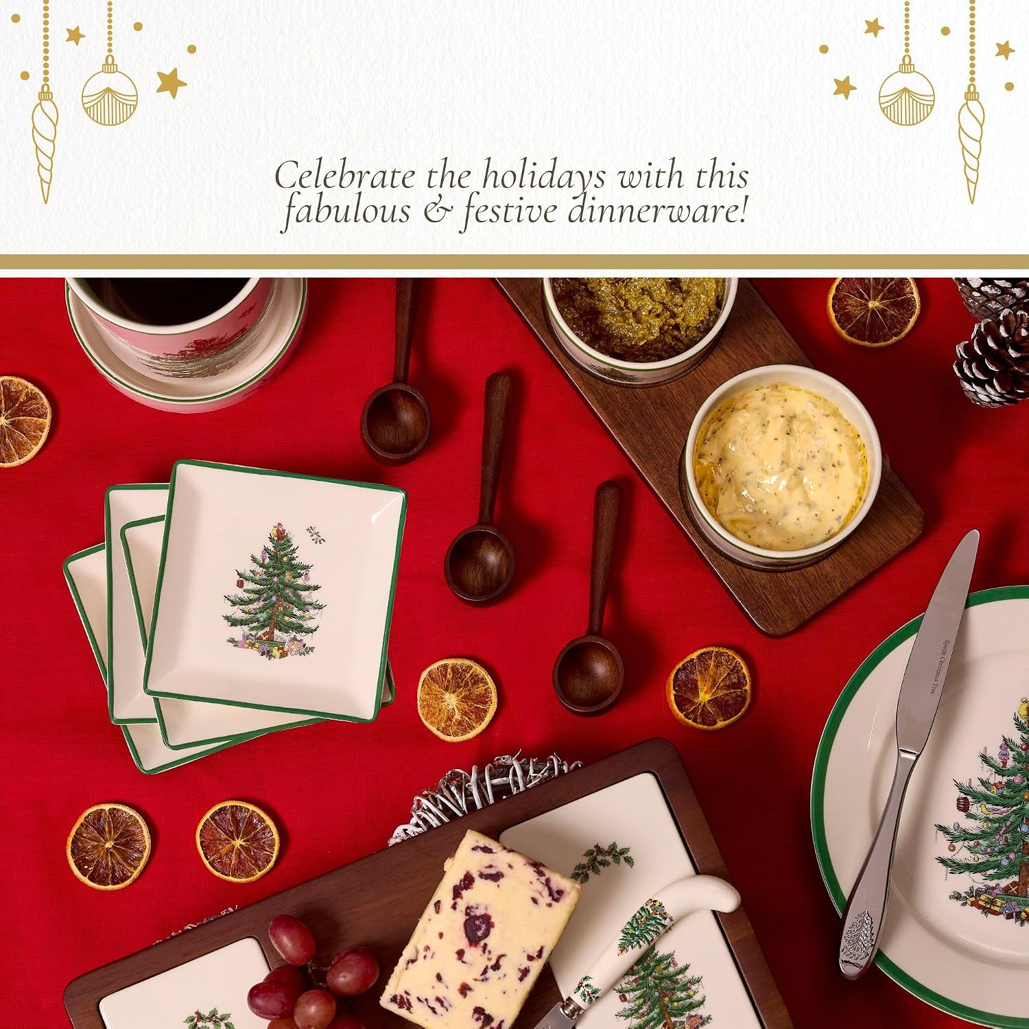 Spode Christmas Tree Tidbit Square Plates (Set of 4) - Festive 5-Inch Ceramic Plates for Canapés, Sweets, and Desserts - Dishwasher, Microwave, Freezer Safe - Excellent for Holiday Entertaining