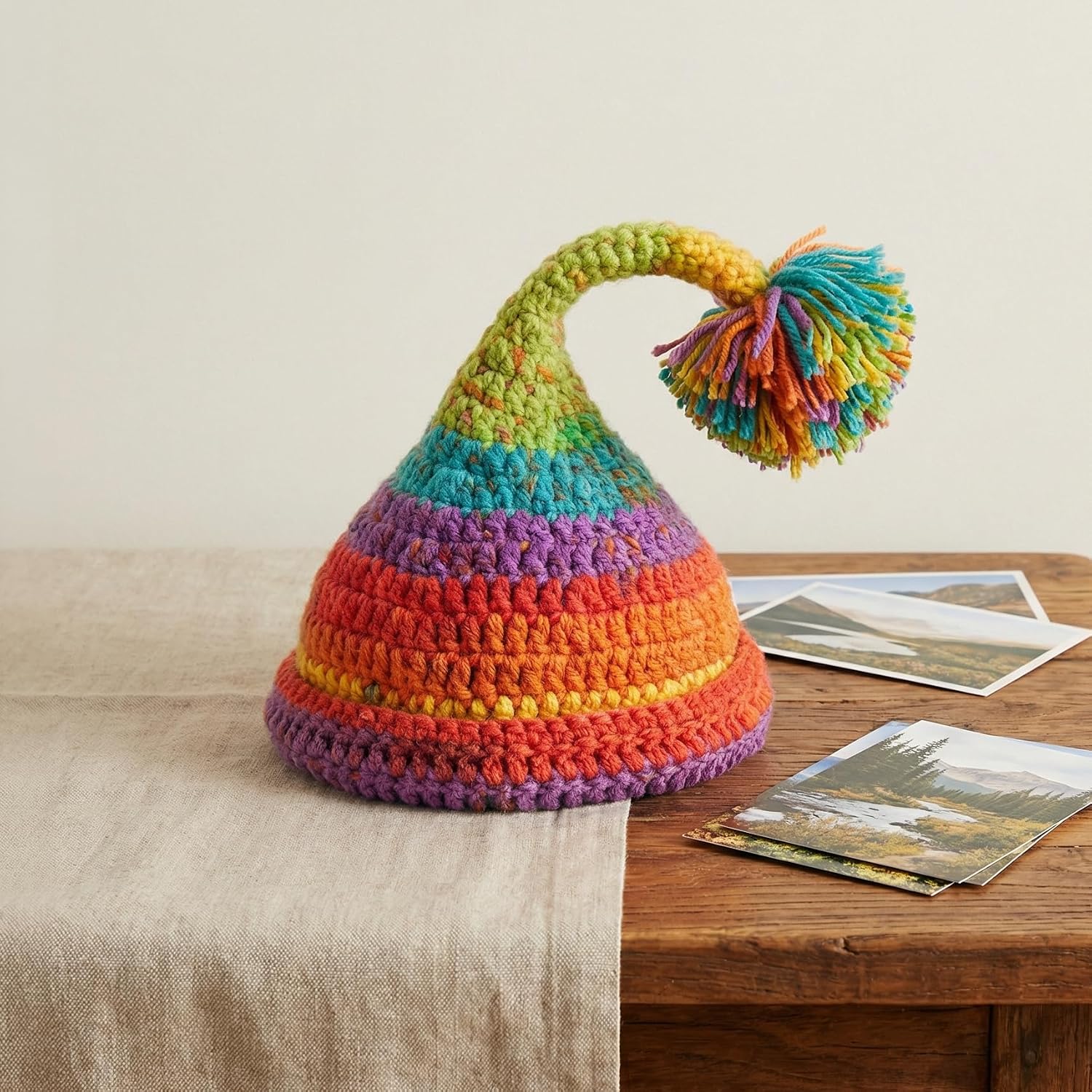 Crochet Elf Hats for Kids Adults Colorful Rainbow Striped Winter Beanie with Pompom or Star Cute Gnome Witch Hat