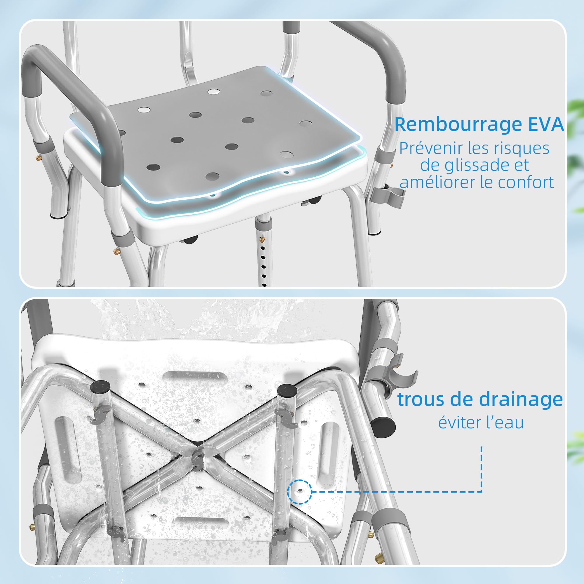 HOMCOM - Taburete de ducha ergonómico, altura ajustable, 136 kg, color gris claro | Silla de ducha, patas antideslizantes, Alu HDPE