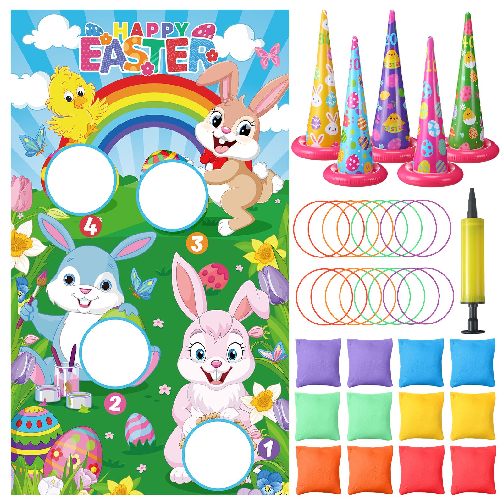 Capoda 29 Pcs Easter Toss Game Set Happy Easter Toss Banner with Bean Bags Easter Bunny Rabbit Ring Toss Game and Pump for Boys Girls Easter Garden Game Supplies Family School Class Easter Party Decor