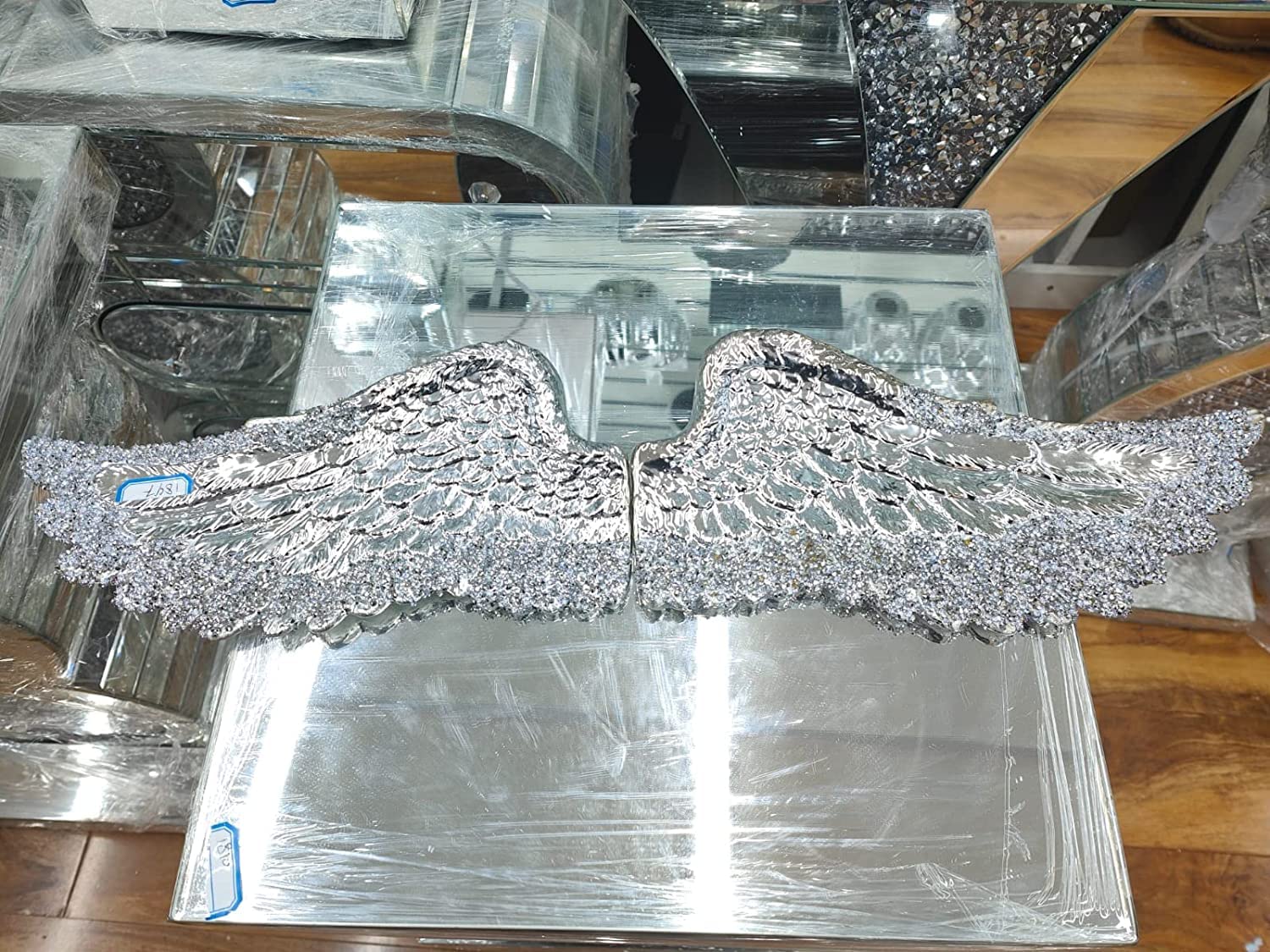 Deenz Crushed Diamond Angel Wings Vintage Victorian Silver Wall Sculptures Ornament, Unique Decoration Wall Sculpture (Large Silver)