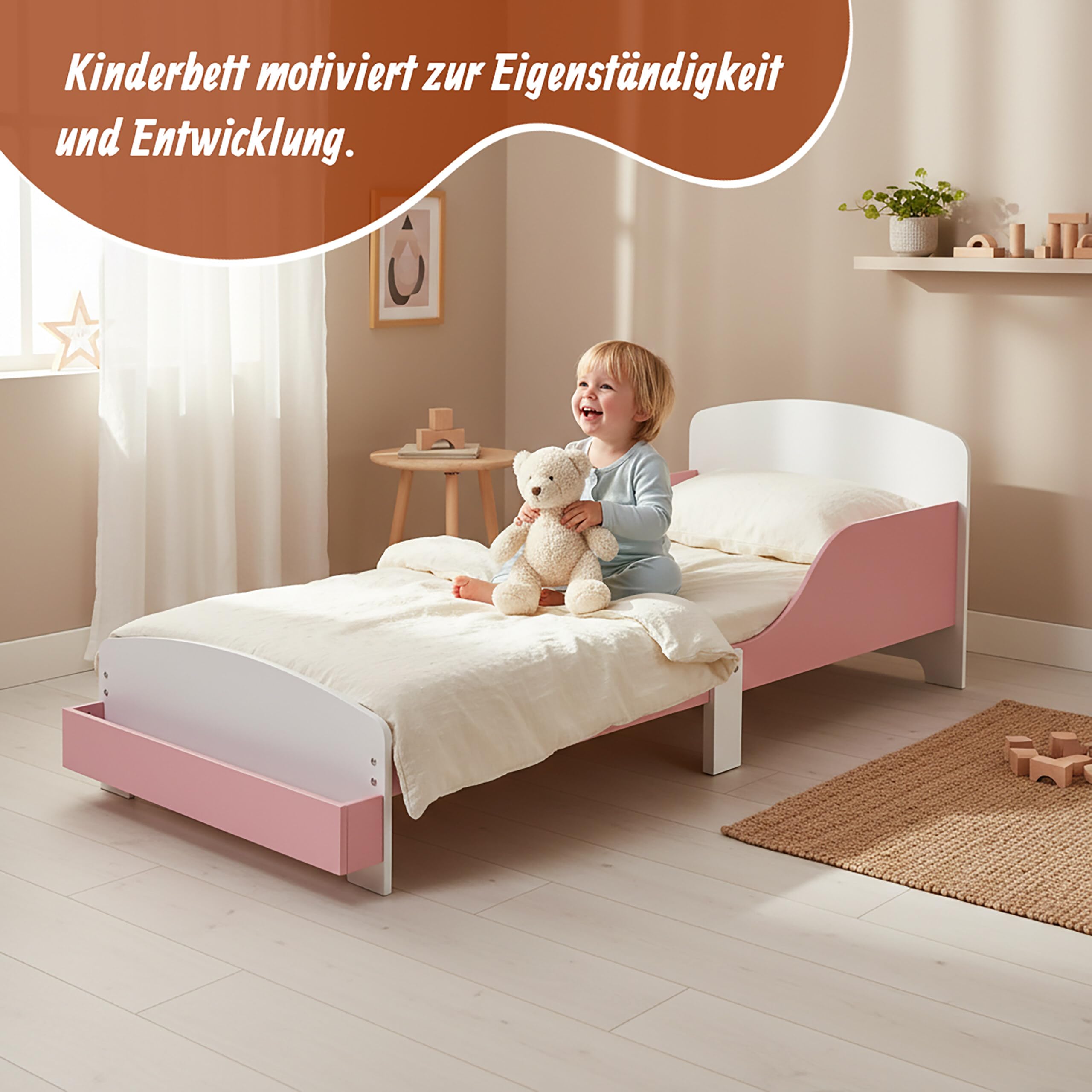 Relaxdays Kinderbett, 70x140 cm, Kleinkindbett mit Rausfallschutz, Lattenrost, Ablage, Kinderzimmer Bett, MDF, rosa/weiß