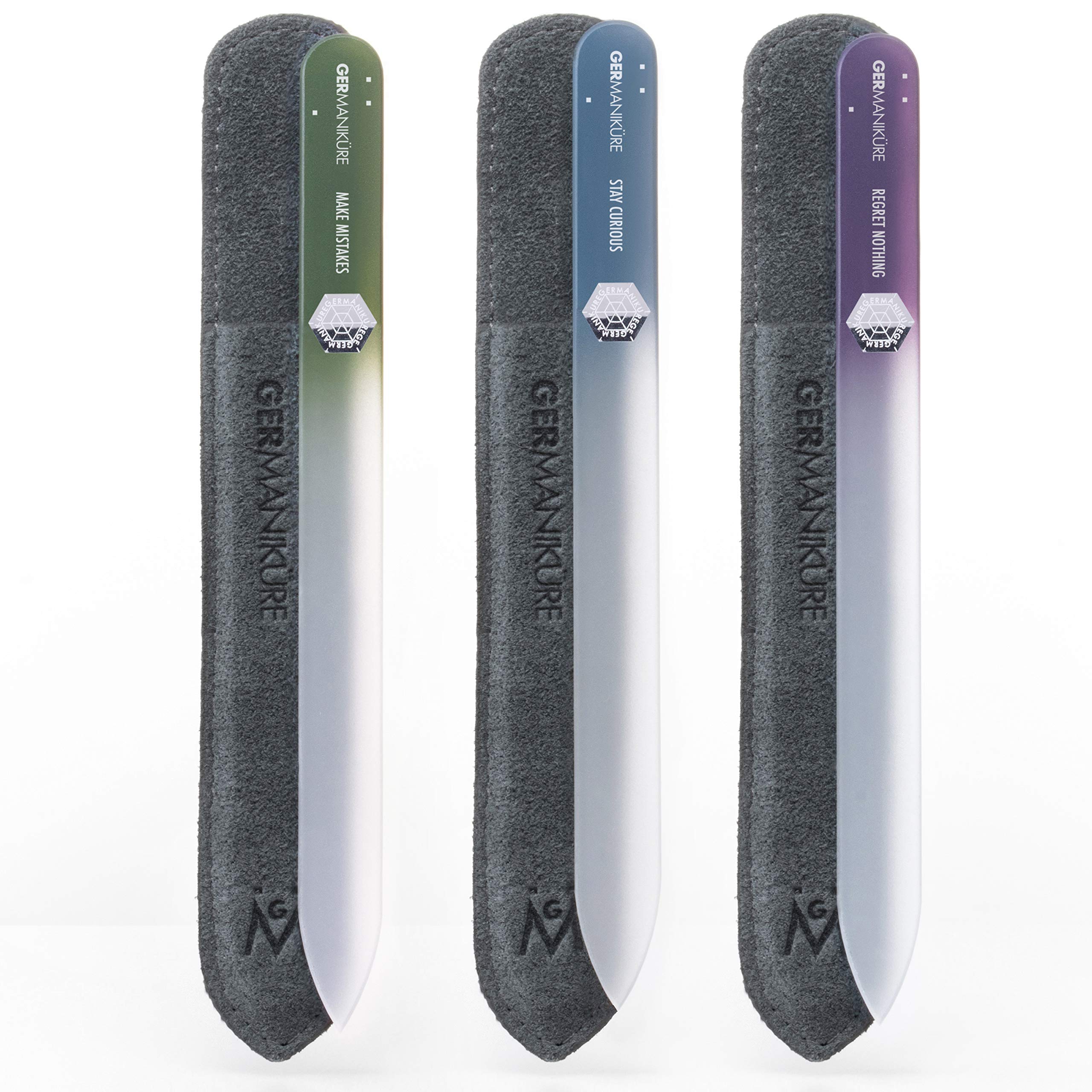GERMANIKURE Czech Crystal Glass Nail File 3 Pack in Suede Sleeves - Professional Manicure & Pedicure Products for Smooth Easy Shaping of Natural Nails