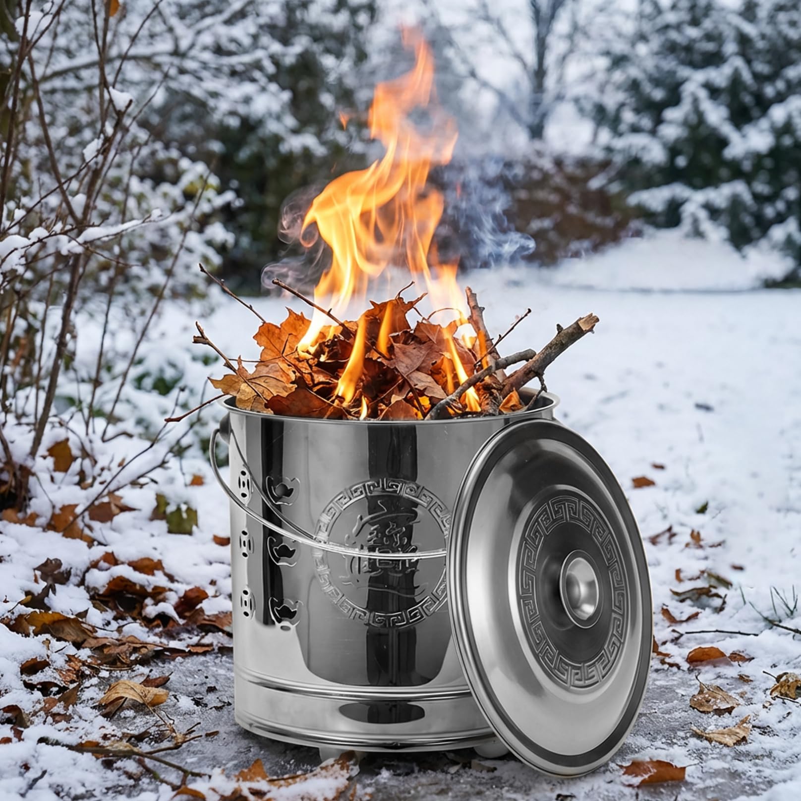 Gabbia per bruciature, Barile per bruciature, Gabbia in acciaio inossidabile con coperchio e maniglia Inceneritore da esterno Contenitore sicuro per braciere per rifiuti di giardino, foglie, carta e