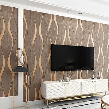 Baketron Brown Wallpaper Gold Glitter Textured 3D Effect Embossed Wallpapers Taupe Wave Stripes Wall Paper Roll Modern Feature for Living Room Bedroom Adults Hallway Kitchen Front Room