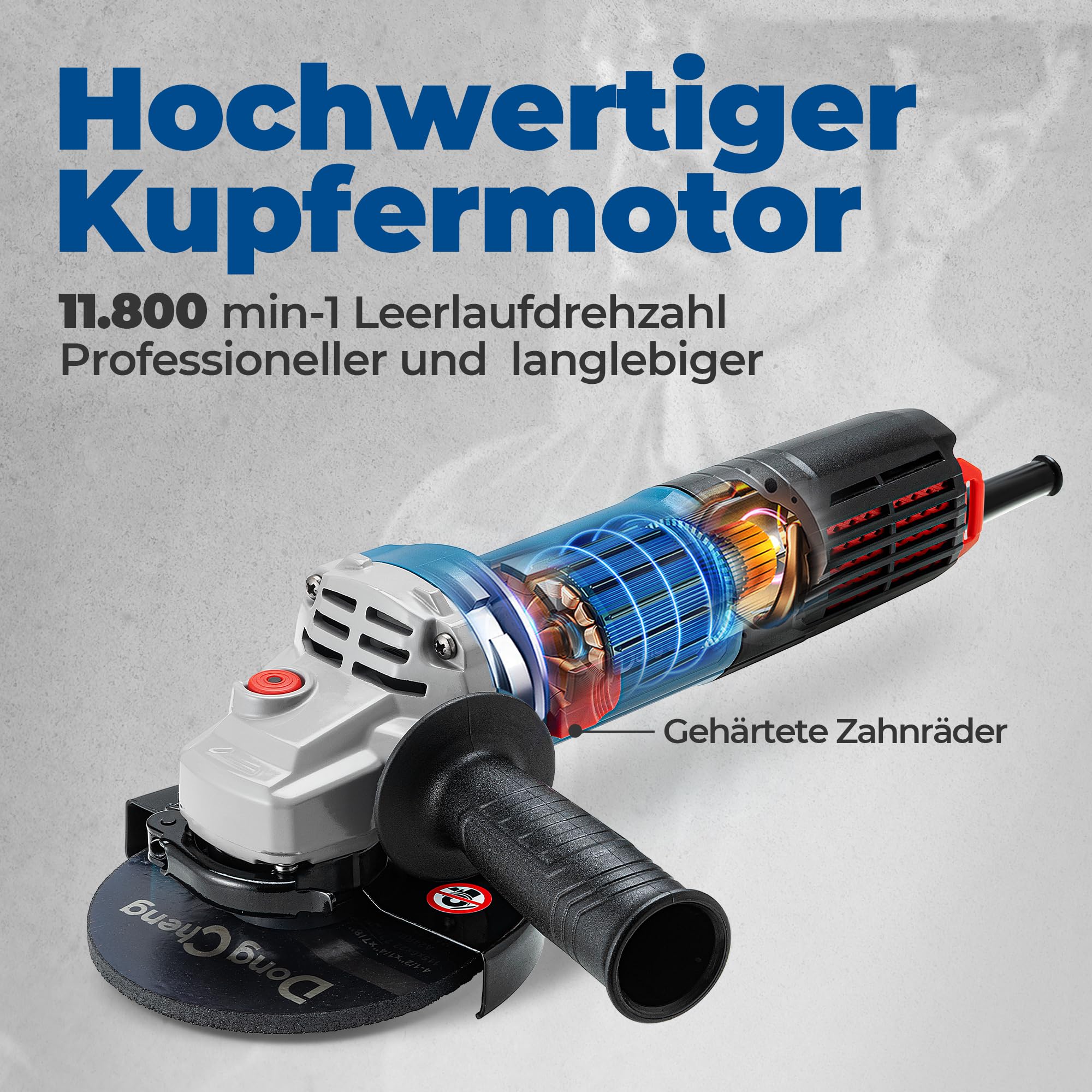 DongCheng Szlifierka kątowa 1100 W, 125 mm, prędkość biegu jałowego 11 800 obr./min, osłona szybkiego zamknięcia, uchwyt, 2 tarcze szlifierskie, 2 wachlarzowe tarcze szlifierskie, 2 tarcze tnące