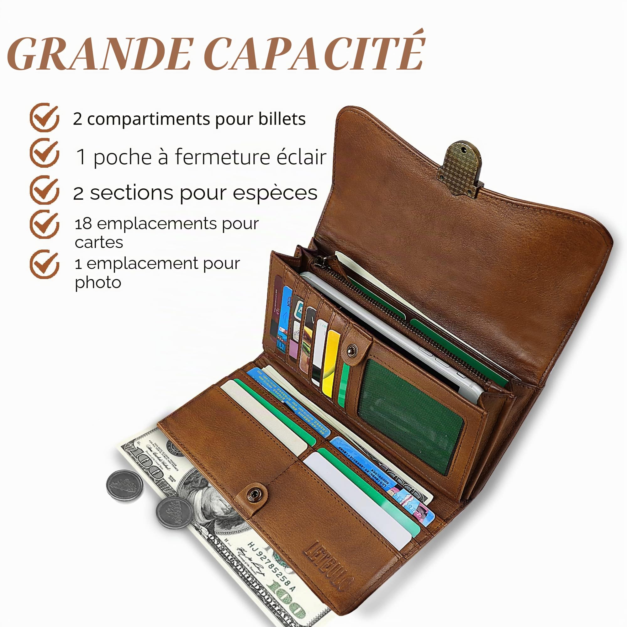 LETEULO Portefeuille Femme Cuir Grand Capacite Porte Monnaie Femmes, Grand Portefeuille Femmes avec 18 Emplacements Cartes et Fermeture Eclair