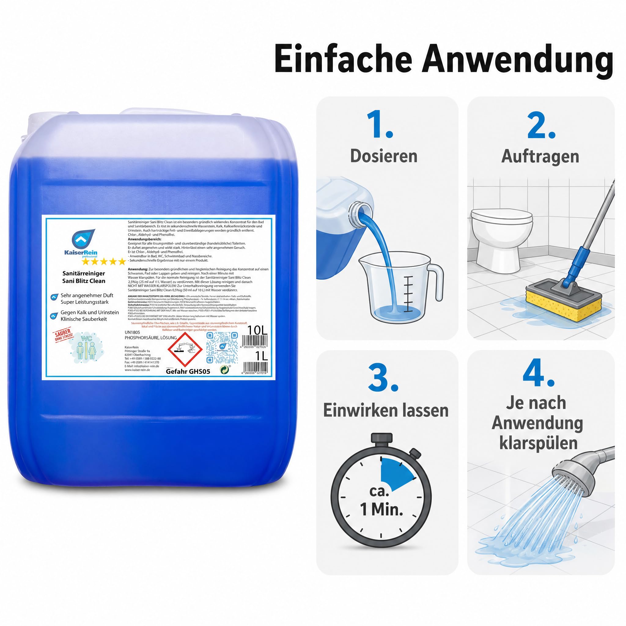 KaiserRein WC Reiniger Sani Blitz Clean, extra starker Profi-Sanitärreiniger & Urinsteinentferner, Konzentrat im 10 L Kanister, löst Kalk, Wasserstein & Kalkseifen, für Bad, Dusche, WC, Fliesen