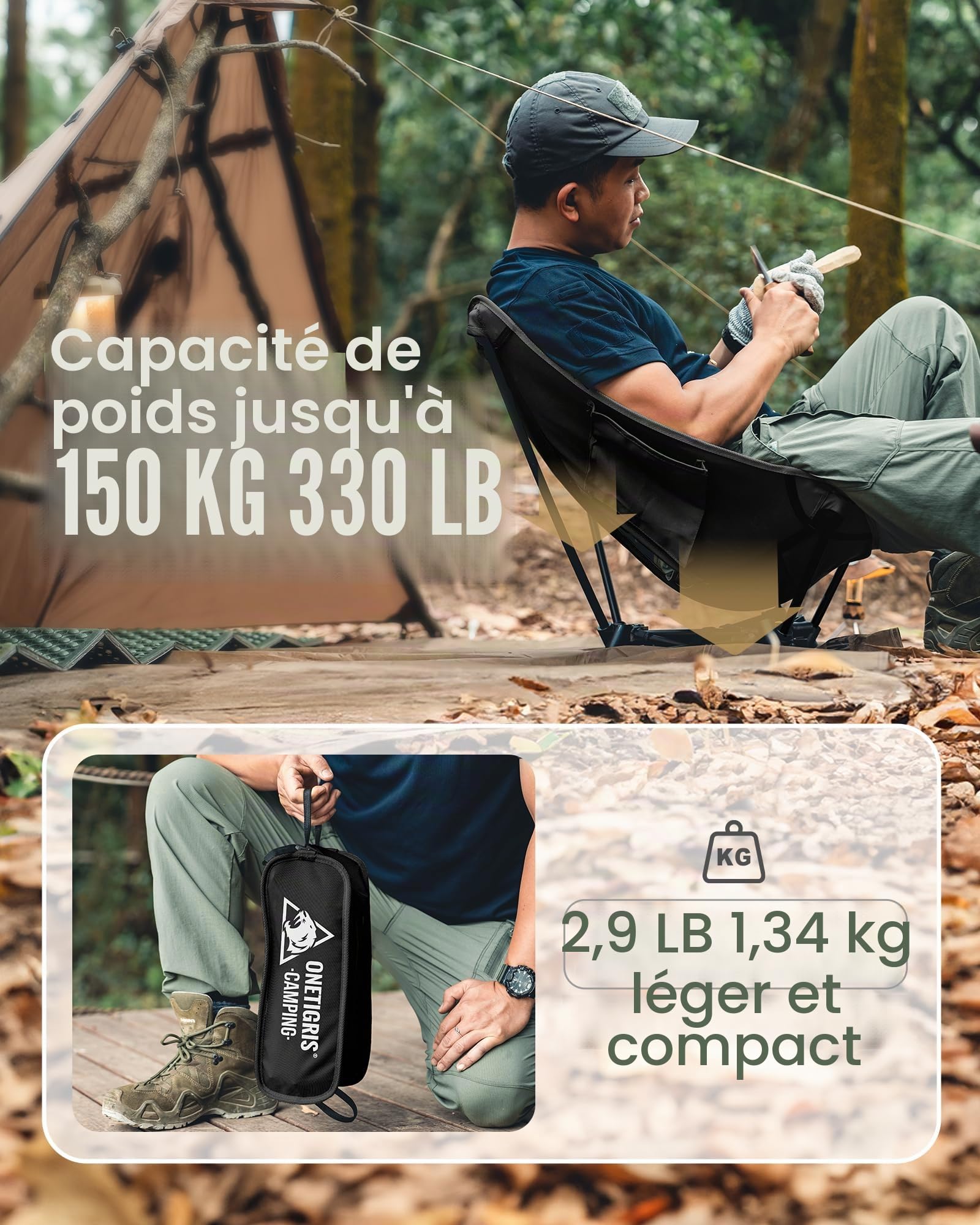 OneTigris TIGERBLADE Chaise de camping pliable 150 kg, cadre triangulaire, légère, avec 2 poches latérales, pour l'extérieur, la randonnée, noire