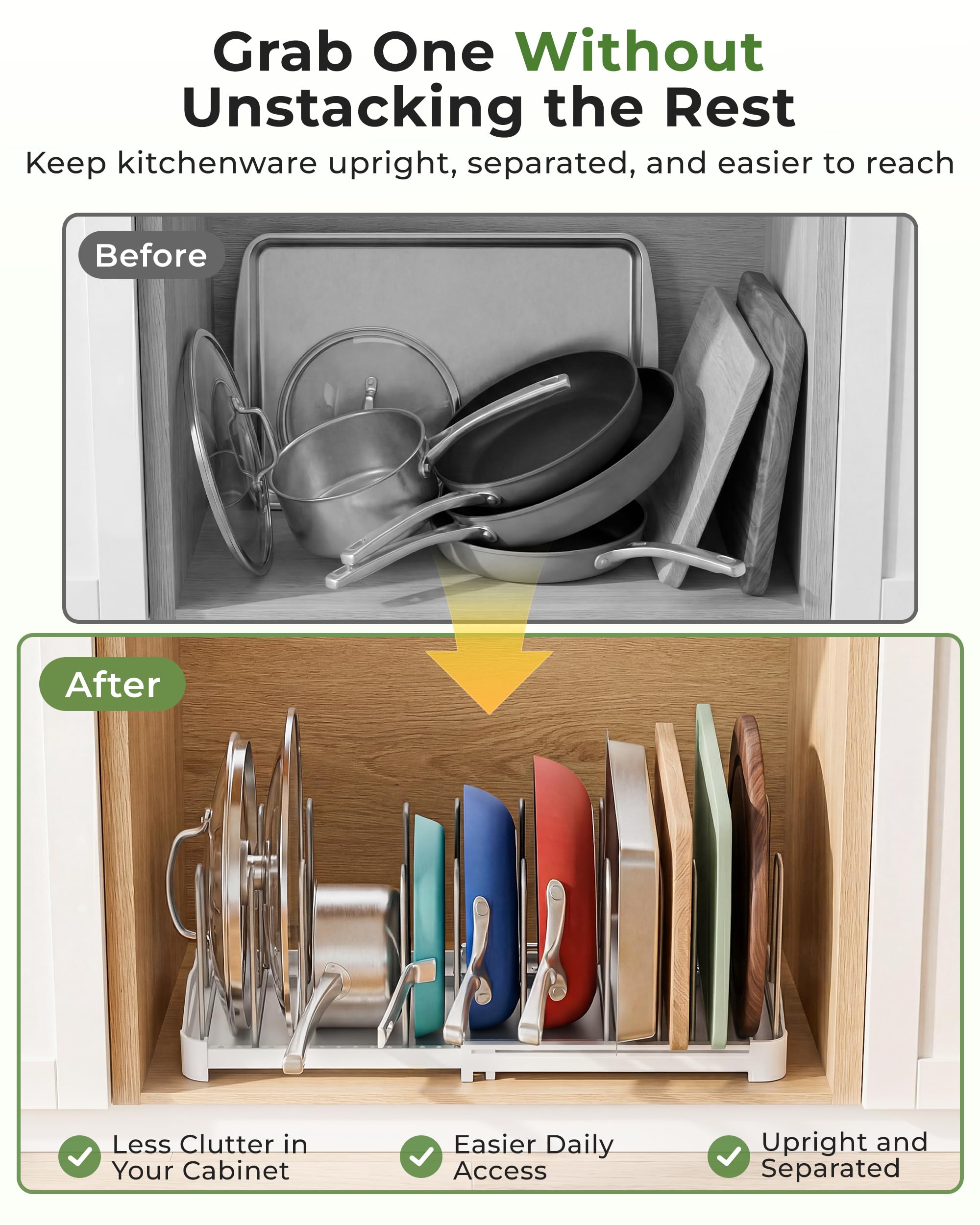 EVERIE Regulowany organizer na naczynia do pieczenia, stojak na pokrywkę garnków, foremek do ciasta, desek do krojenia, maty, naczyń kuchennych, GS02SS, głębokość 18 cm na 30 cm do 50 cm szerokości
