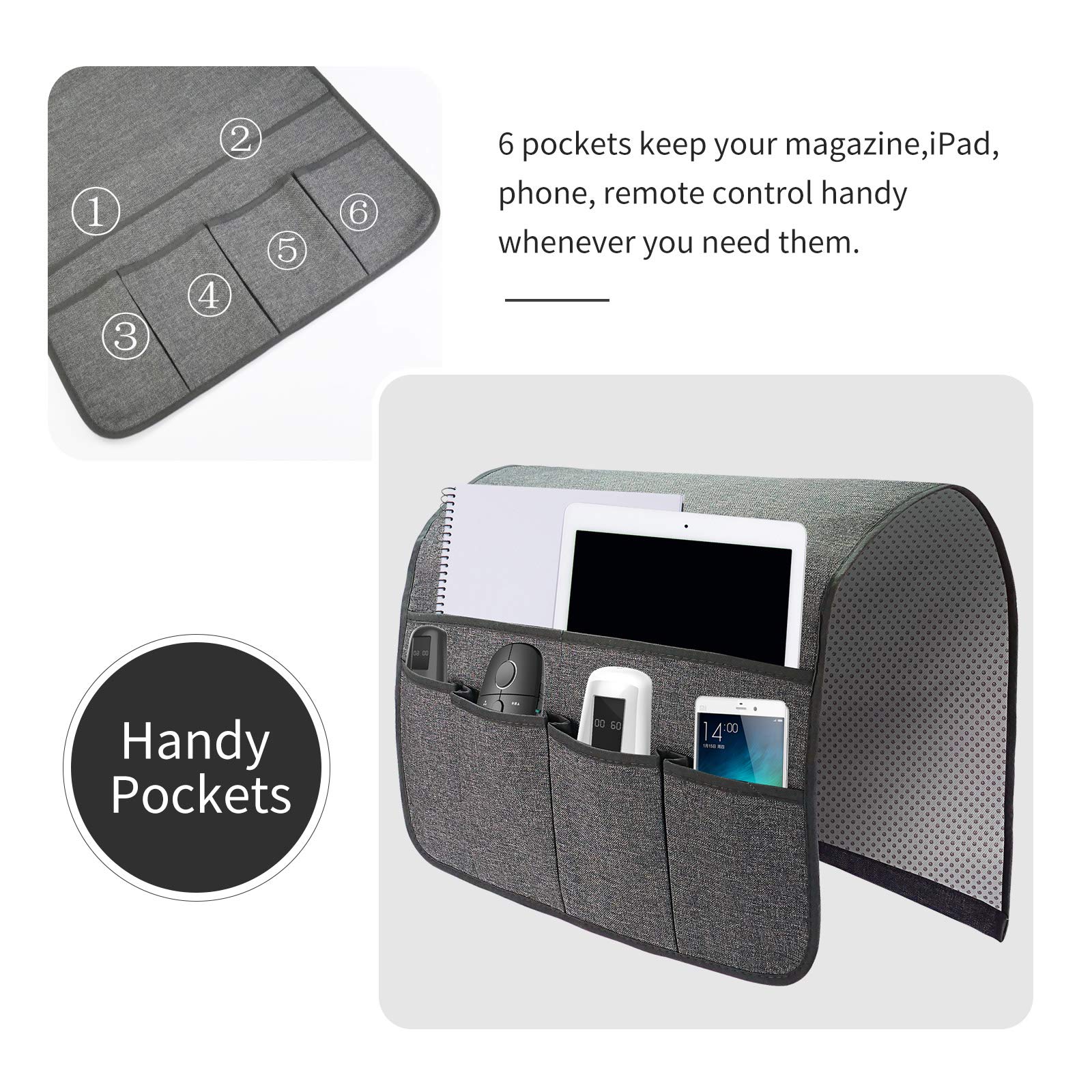 Organizador de reposabrazos para sofá, soporte de control remoto para sofá reclinable, con 6 bolsillos para revistas, tableta, teléfono, iPad