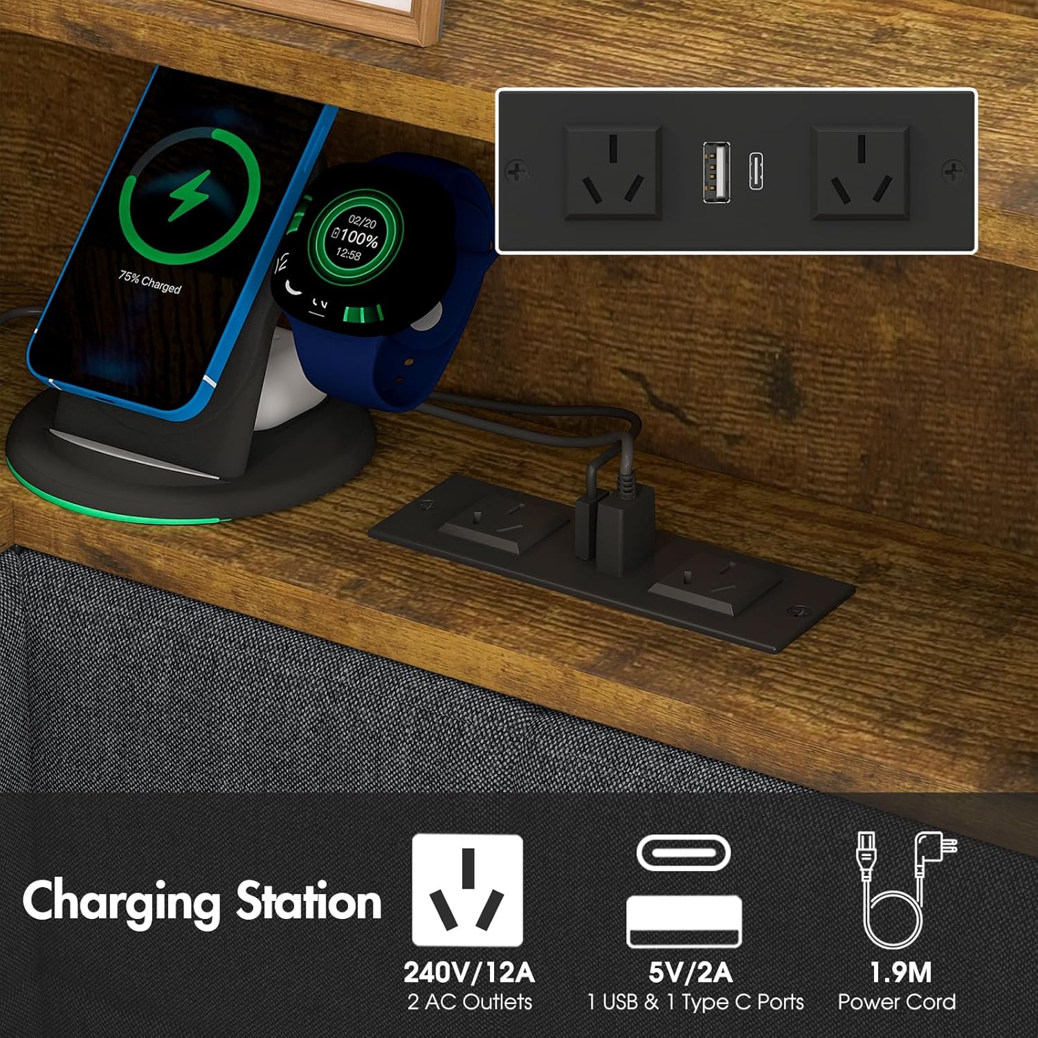 Corner Bed Frame with Shelves Storage and Led Lights, Metal Platform Bed Frame King Single Size with Storage Drawers and Charging Station, Daybed for Living Room,Bedroom & Guest Room,Walnut