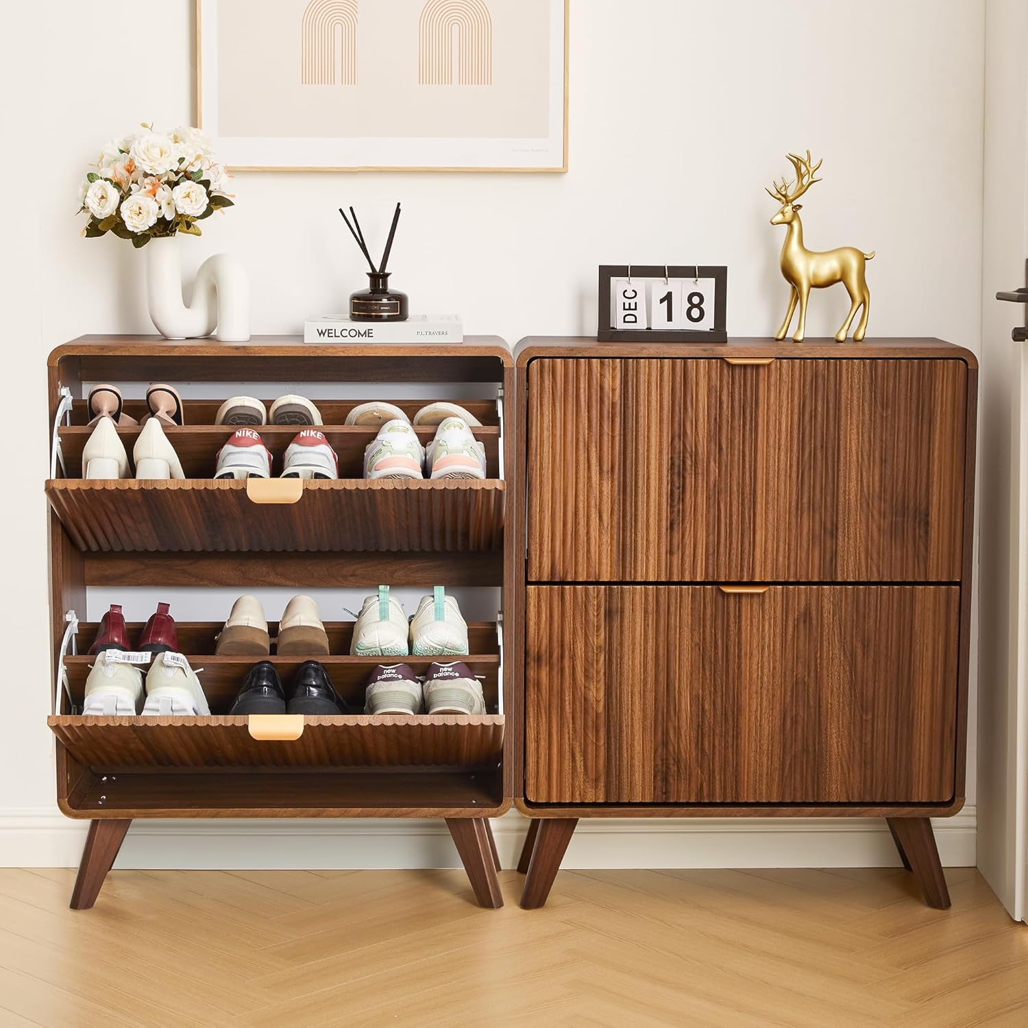RARZOE Set of 2 Fluted Shoe Storage Cabinets for Entryway, Narrow Curved Shoe Cabinet with 2 Flip Drawers, Freestanding Wood Hidden Shoe Organizer Closed Shoe Rack Cabinet for Foyer,Hallway (Walnut) Walnut 2set