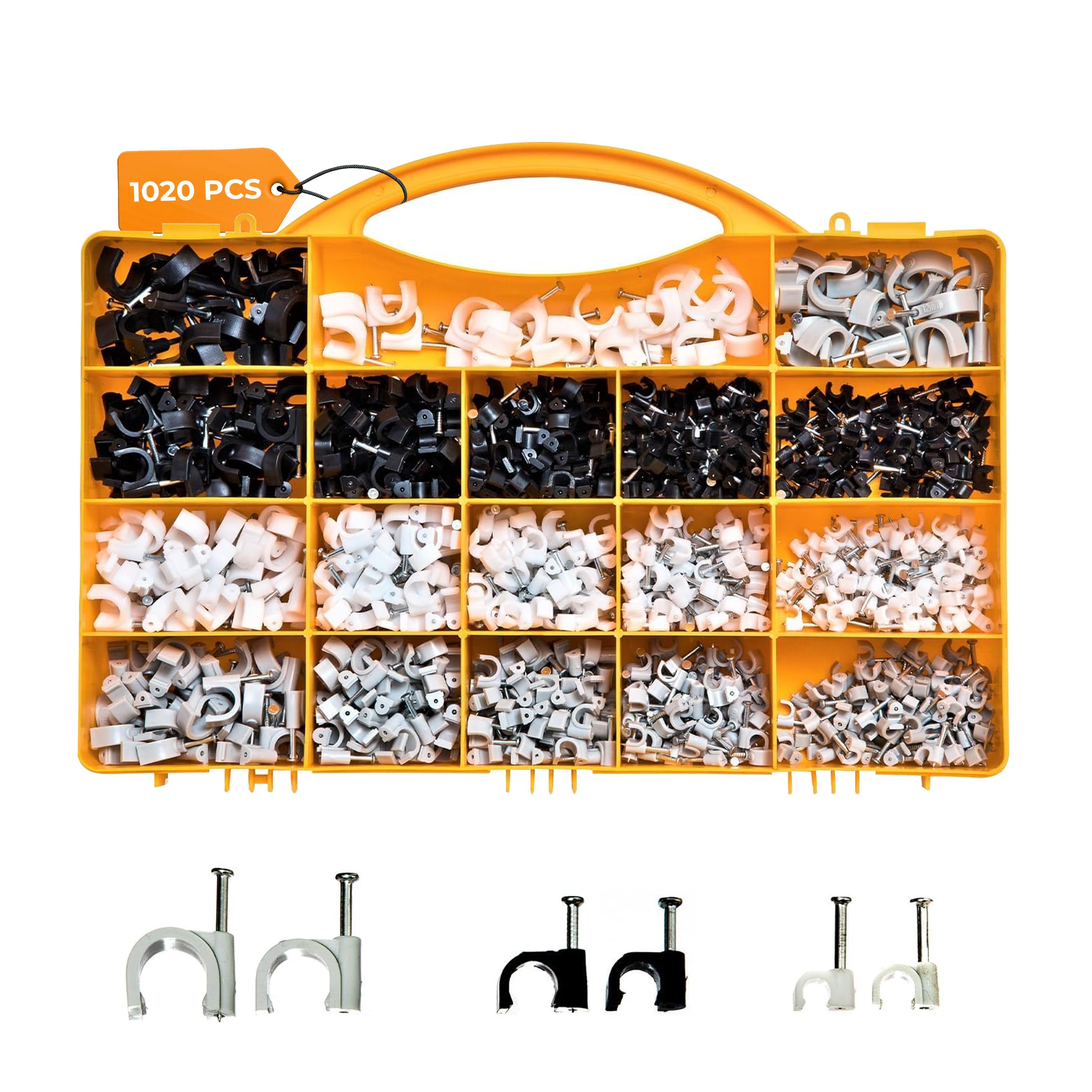 Brackit 1,020-piece Nail Cable Clip Assortment Set 6 Sizes 3 Colors Cable Clips Black, White & Grey for Indoor/Outdoor Use – Wire Clips for Cables, Cable Management Clips, Cable Nail Clips with Case