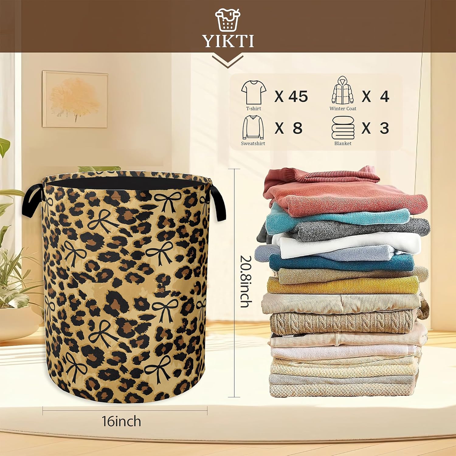 Brow Leopard Laundry Basket,Black Bow Clothes Hamper,Oxford Cloth Collapsible Nursery Hamper Storage Organization for Bedroom,Bathroom,Office,College Dorms,16x20 Inch