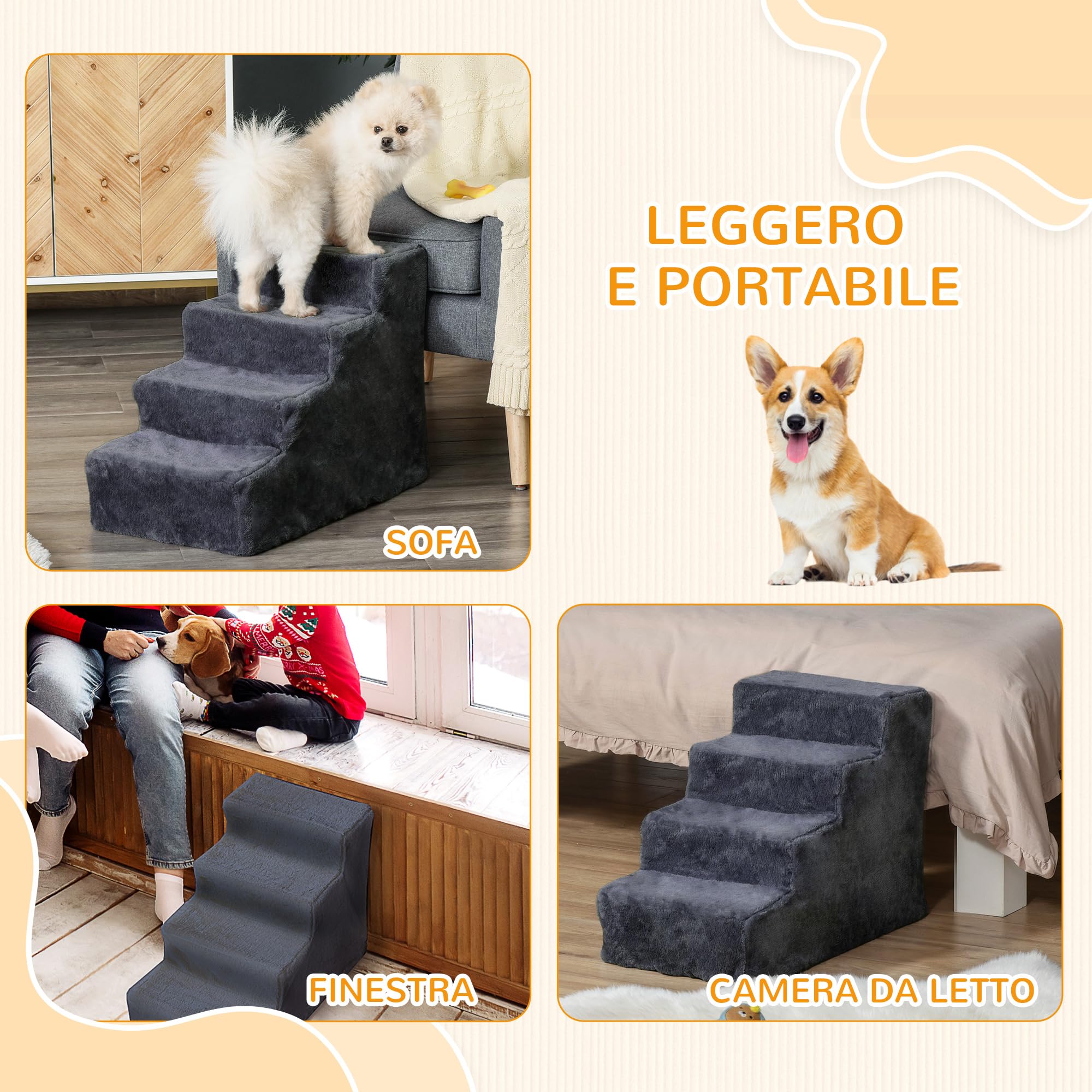 PawHut Scala per Cani a 4 Gradini, 60x35x44 cm Scaletta per Cani e Gatti di 10 KG in Tessuto Vellutato Sfoderabile e Lavabile, Grigio Scuro