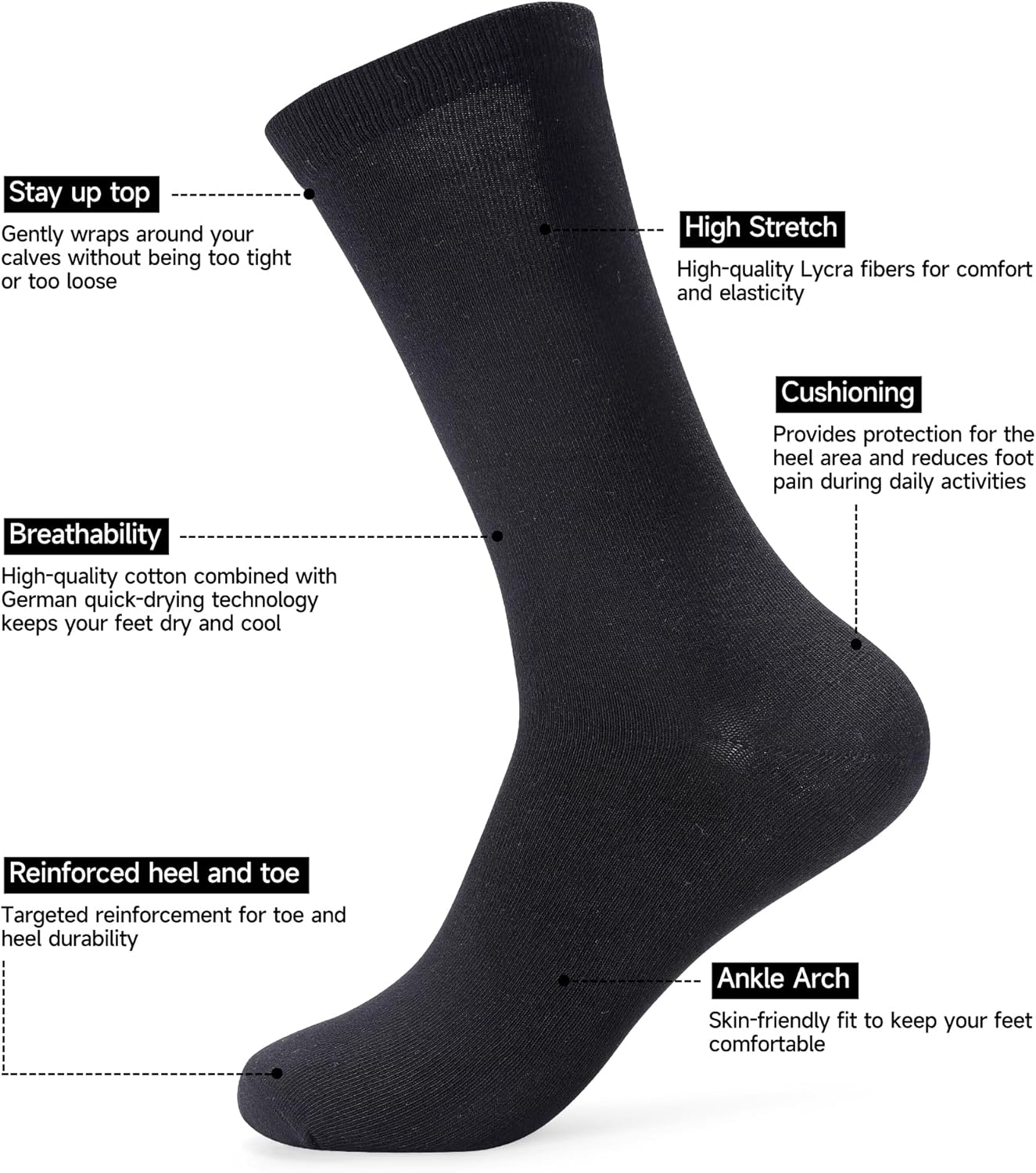 Mens Dress Socks Anti Odor Combed Cotton Quick Dry Moisture Wikcing Size 8-13 Socks - Image 2