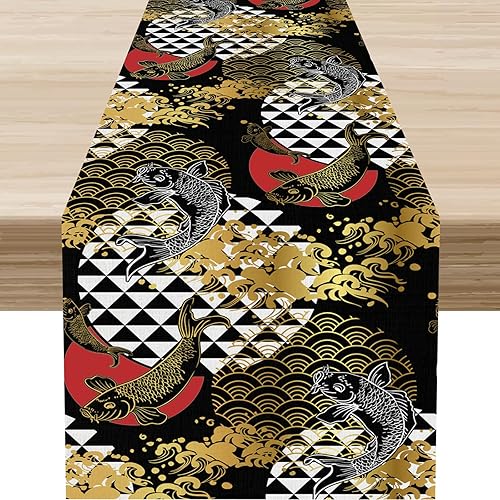 Miniatura 16 de Camino de mesa japonés, retro, tradicional, vintage, grúa, nubes, asiático, oriental, ondas, plantas, naturaleza, camino de mesa para el hogar,