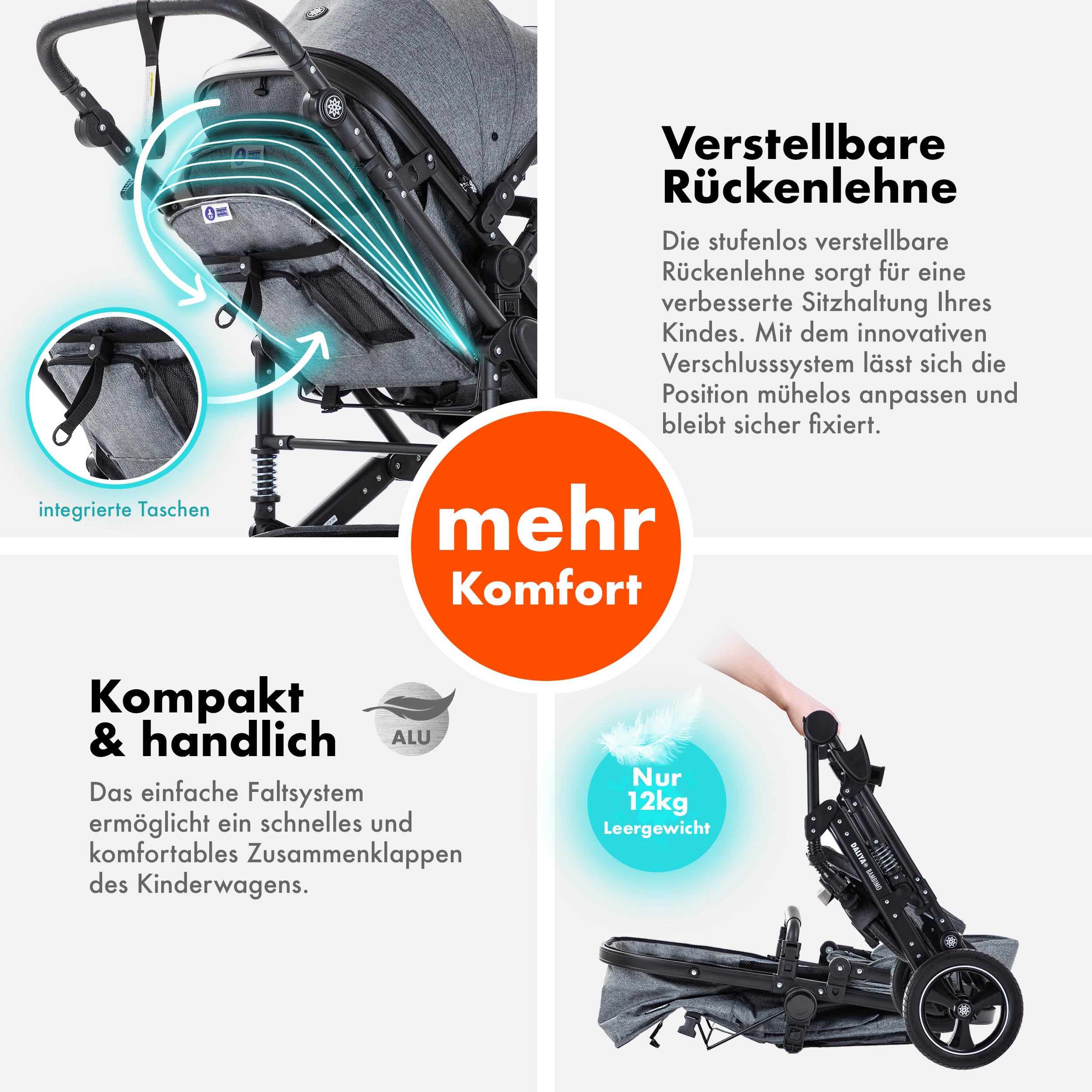 Daliya BAMBIMO 3in1 Kinderwagen & Buggy Set mit i-Size Babyschale ECE R129 Kombikinderwagen ab Geburt bis 22 kg pannensichere Räder Federung höhenverstellbar Dunkelgrau Rahmen Schwarz