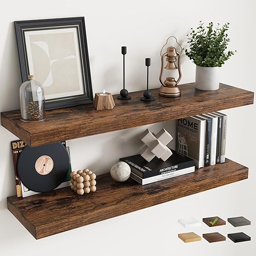 Miniatura 30 de Estantes flotantes para pared con soportes invisibles, estantes de madera de ingeniería montados en la pared con grano de madera para sala de estar,