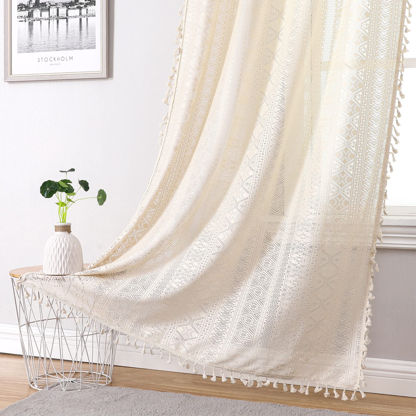 Beige Boho Linen Textured Tassel Sheer Lace Curtains, Chic Crochet Geometry Knitting Rod Pocket Window Drapes for Living Room Bedroom, 2 Panels,54" L x 40" W