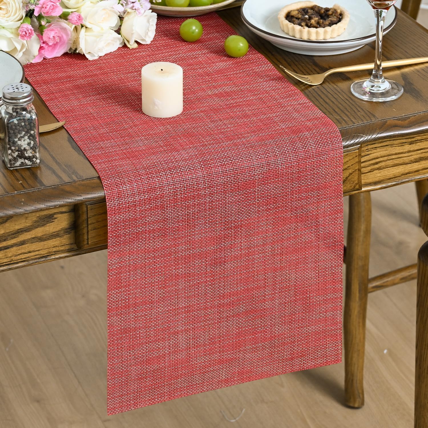 Artoid Mode Red PVC Christmas Table Runner 30x183 cm, Washable Stain Resistant Kitchen Dining Table Decoration for Home Party Decor