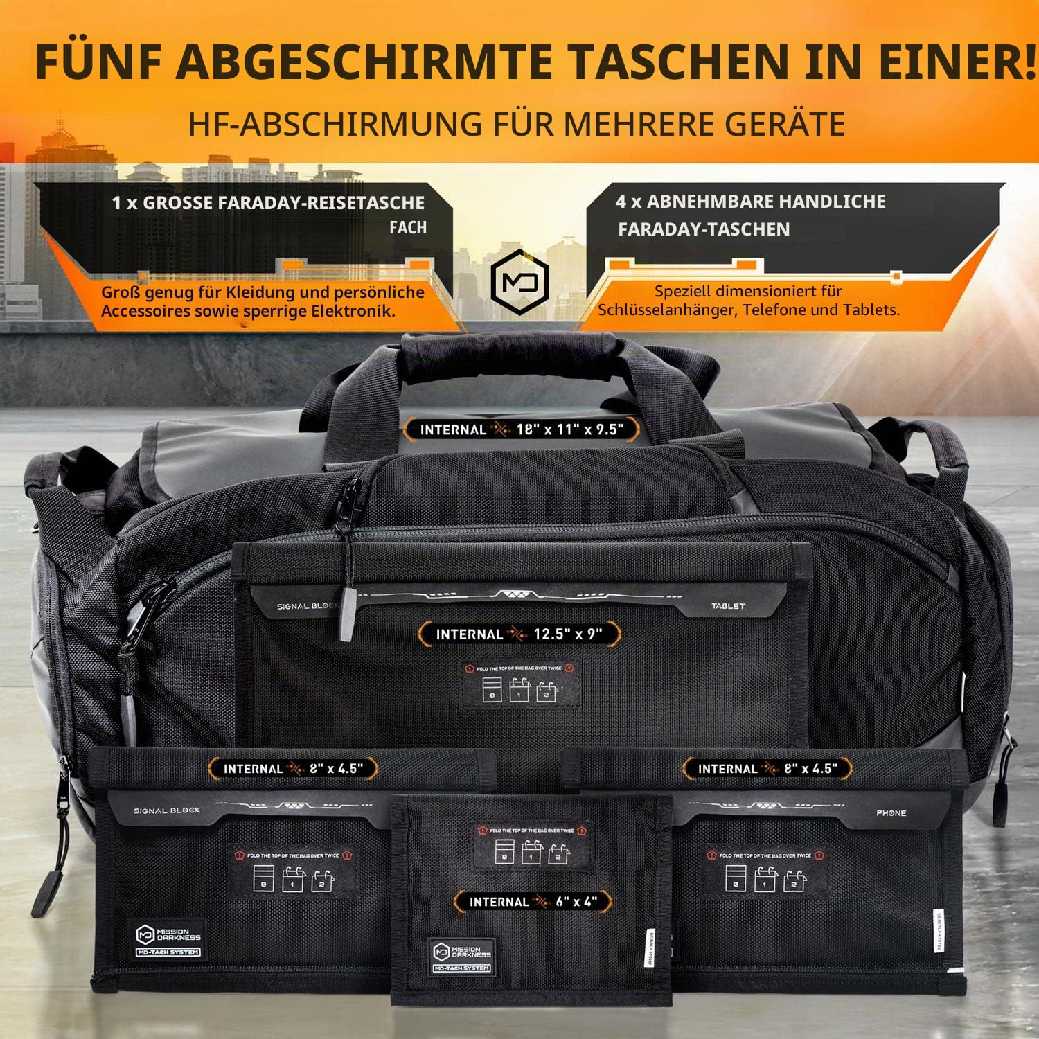 Mission Darkness Disconnect Faraday Seesack + 4 abnehmbare Faraday-Taschen // HF-Abschirmung in Militärqualität für große Elektronik- und Mobilgeräte. Reiseschutz Signaltrennung Datenschutz