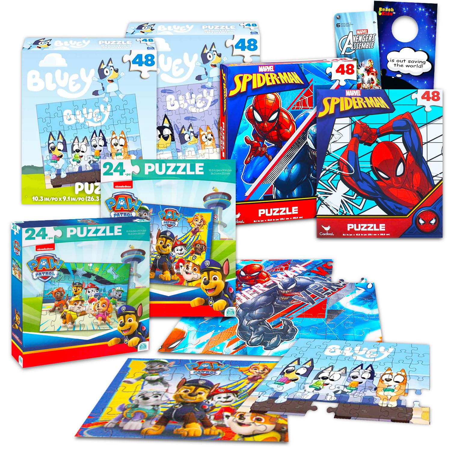 6 Pack Bluey, Spiderman, and Paw Patrol 24 Piece Jigsaw Puzzles Set - Bundle with 6 Assorted Puzzles for Boys Plus Stickers, More | Puzzle Pack for