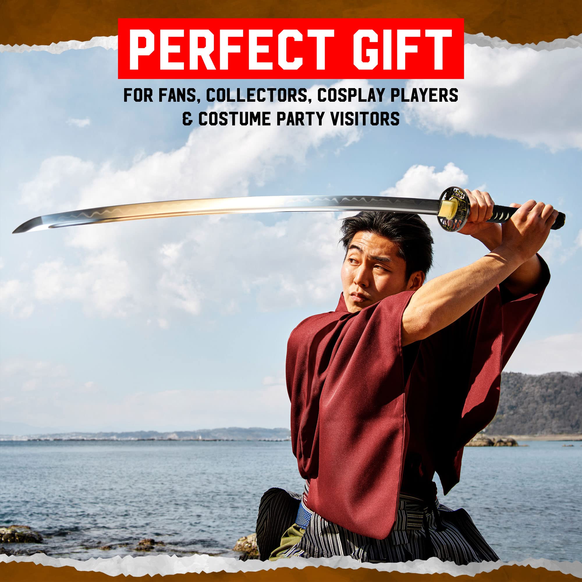 Akito Japanisches Samurai Schwert - Handgeschmiedeter Karbonstahl, Mit Scheide, 102 cm, Katana, Schwarz