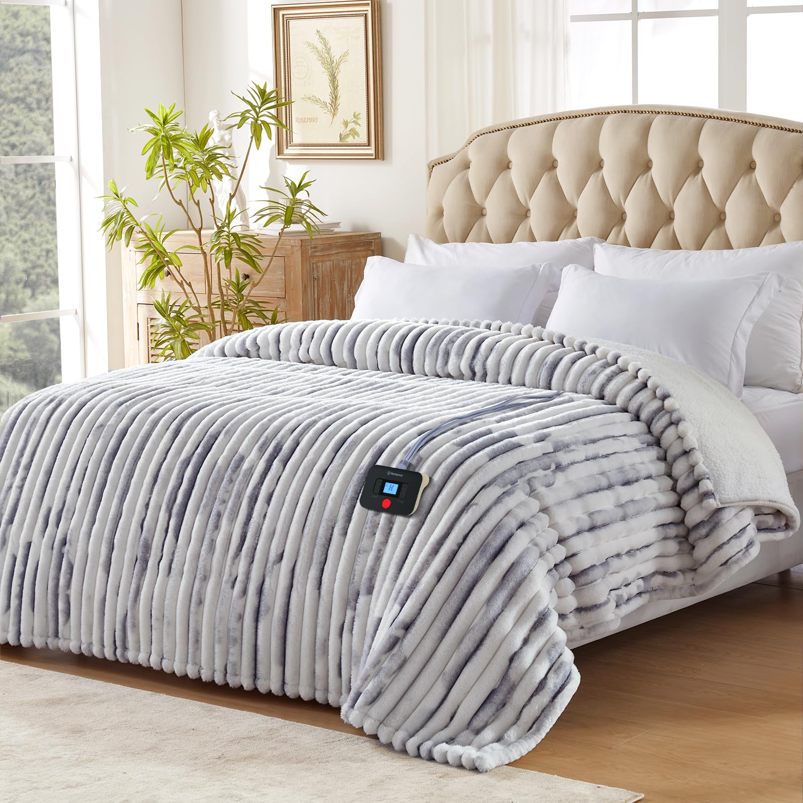 Westinghouse Electric Blanket Full Size, Super Cozy Luxury Faux Fur & Sherpa Heated Blanket with 10 Heating Levels & 1-12 Hours Auto Off, Fast Heating Blanket, Machine Washable, 80x 84 Inch Blue Gray