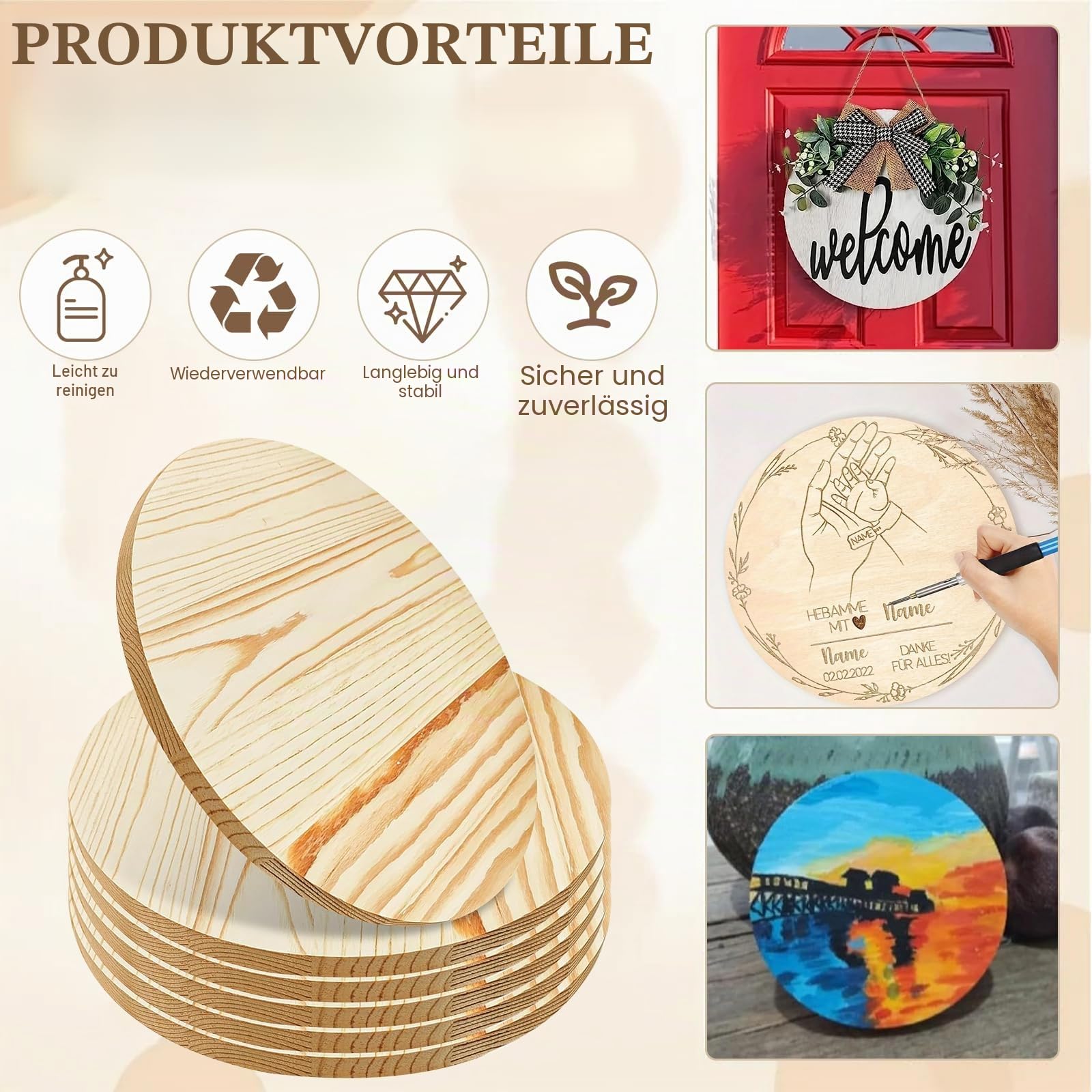 Runde Holzscheiben 30cm Unbehandelten Baumscheiben, Dick 15mm Natürliche Holzscheiben für Gravur, Malerei, DIY Bastelprojekte, Kreisschild aus Kiefernholz, Kiefernkreis Plakette Holzdeko