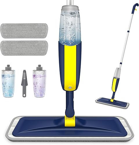 HOMTOYOU - Trapeador de microfibra para limpieza de suelos, mopa plana y seca húmeda con 2 botellas recargables y 2 almohadillas lavables