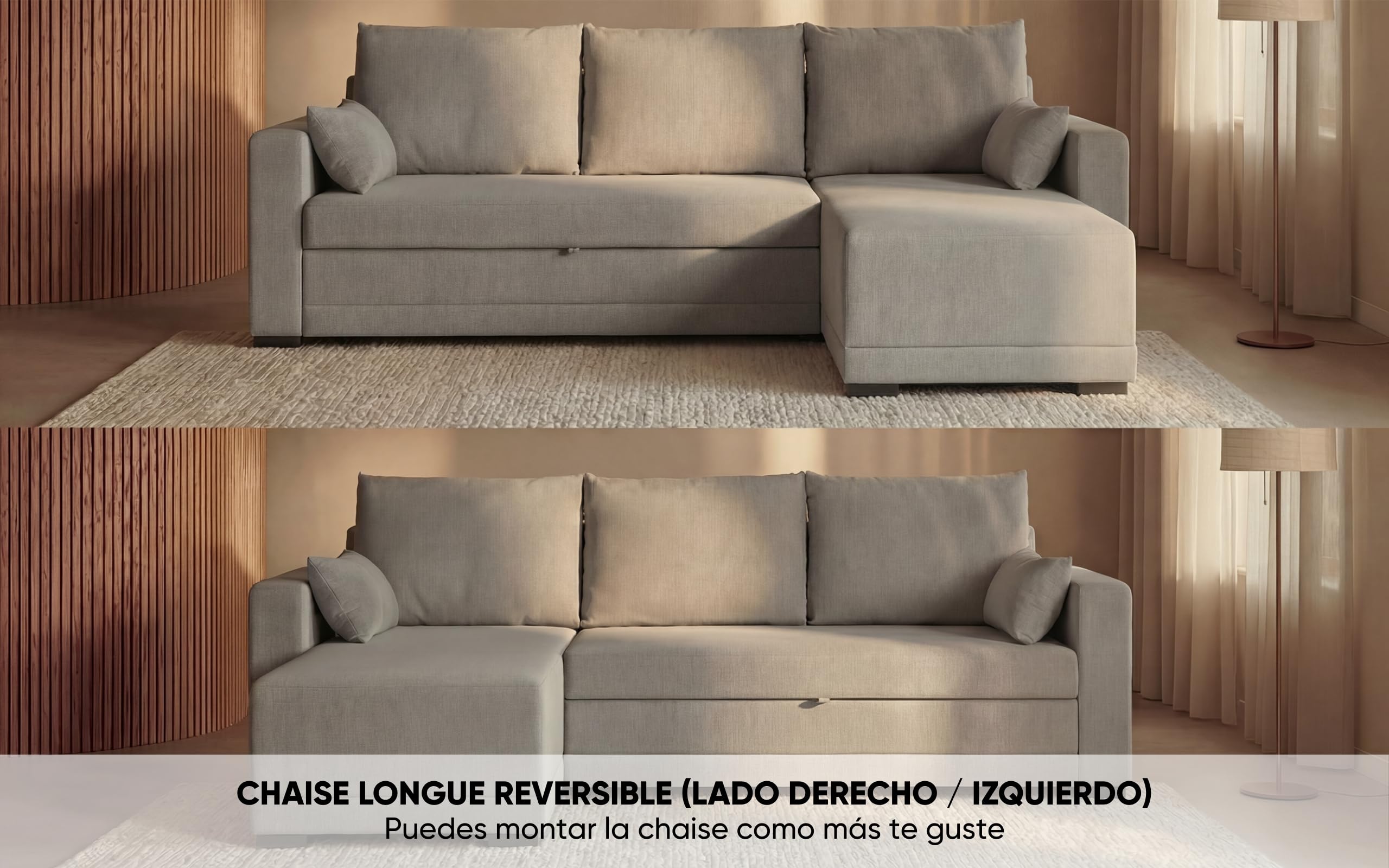BUDWING Leah Sofá Cama Esquinero 3 Plazas - Chaise Longue Reversible y 2 Cojines Decorativos – Tapizado en Poliéster – Estilo Moderno – 233x124x69 cm – Gris Claro