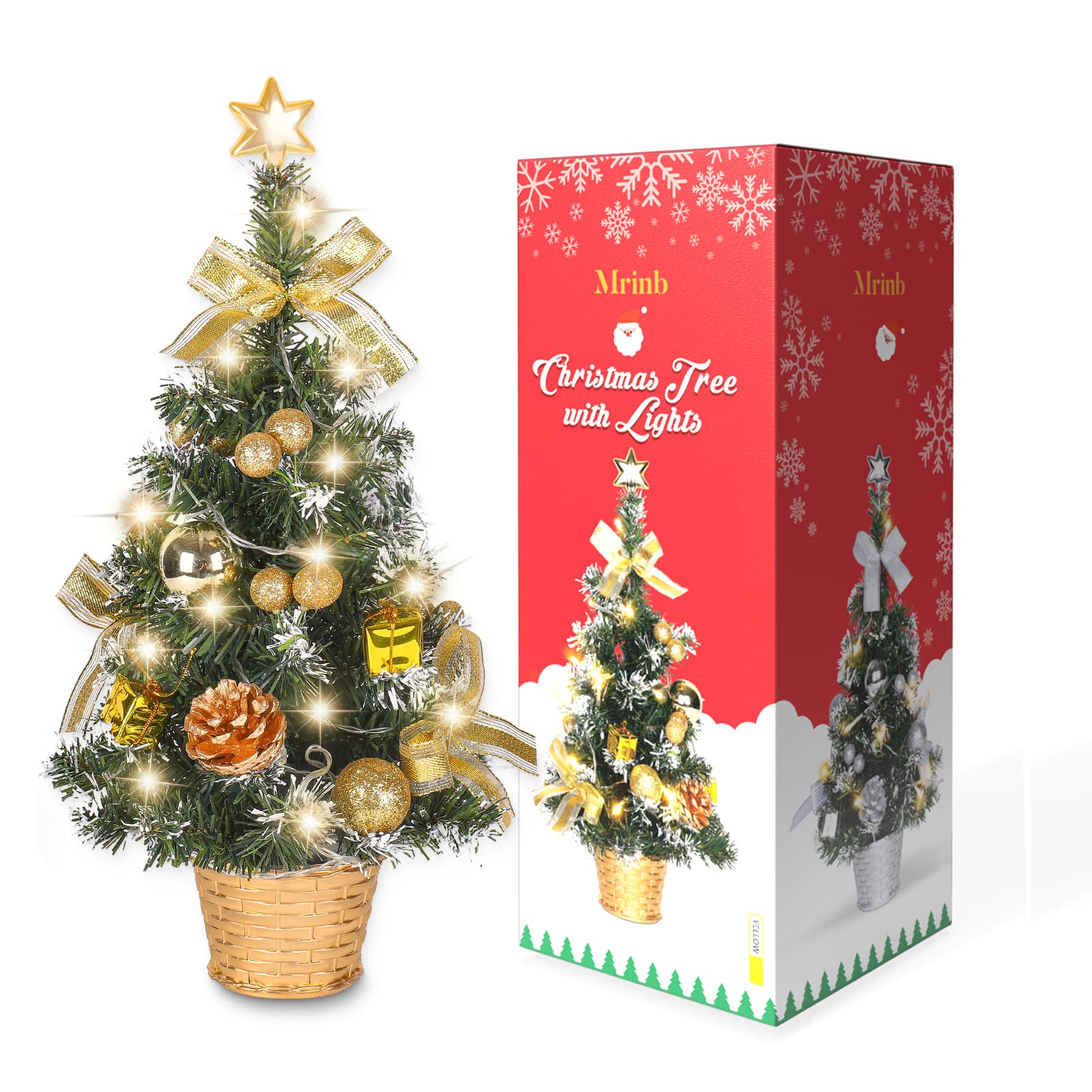 Árbol de Navidad pequeño Mrinb con Luces, Mini árbol de decoración de Escritorio para el hogar, Oficina, Bar de Compras, Dorado, Dorado