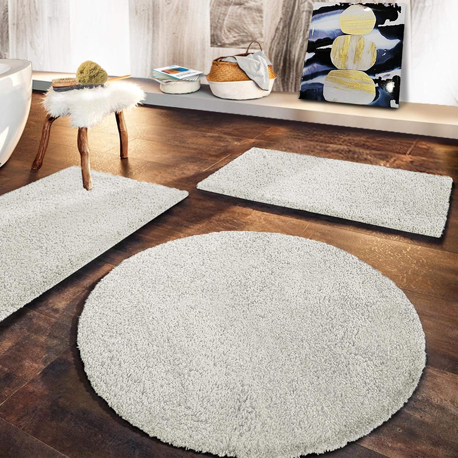 Casa Pura Elfenbein, tappeto da bagno rotondo da 120 cm, morbido tappeto da bagno per Shaggy, tappetino da bagno antiscivolo, lavabile, tappetino per doccia, tappetino per il bagno e la doccia