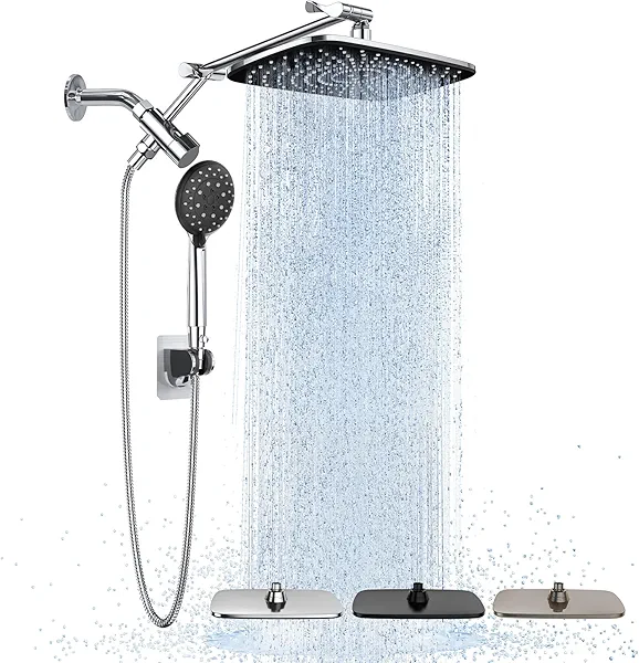 Veken Wide Rain Shower Head with Handheld, High Pressure Rainfall Showerhead Combo with Arm for Bathroom Accessories, Home Decor, Detachable Dual Shower with Multi Modes Handheld Spray, Silver Chrome