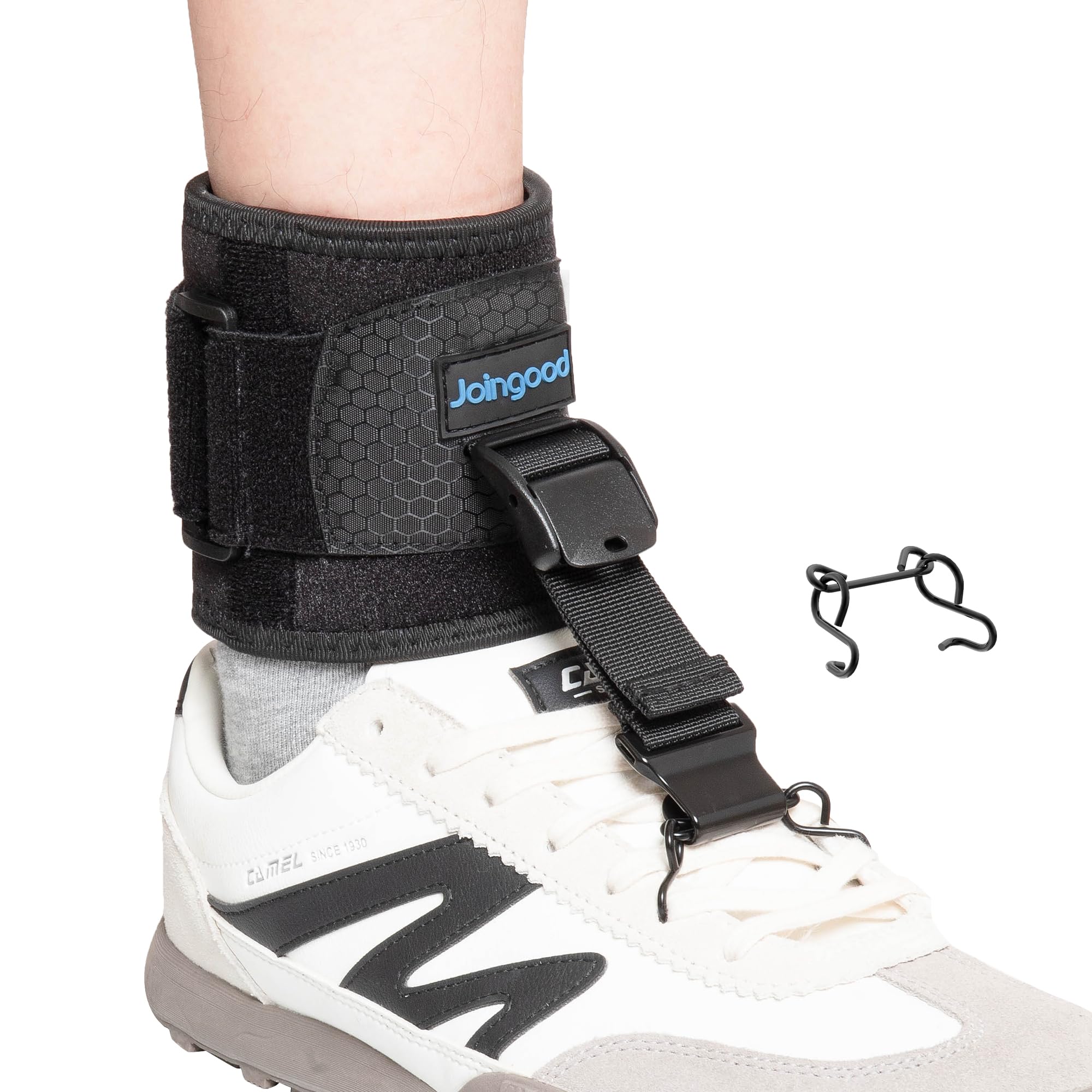 AFO Foot Drop Brace for Walking, Upgraded Zinc Alloy Hook, Includes Eyelet Hook for Elastic Laces, Adjustable Drop Foot Support Brace Fits Left or Right Foot for Men & Women, S/M