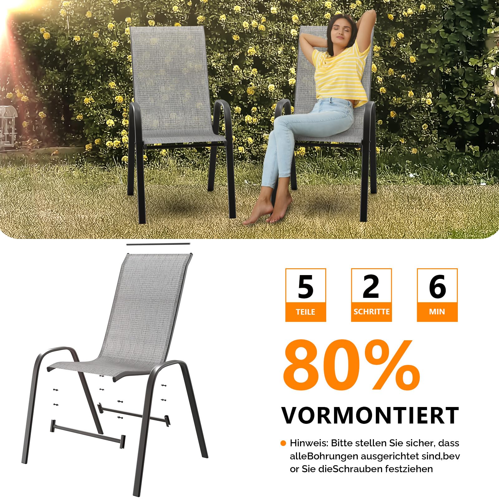 Bonnlo Stapelbare Gartenstühle 2er Set, Outdoor-Essstühle, Wetterfeste Stapelstühle mit Atmungsaktivem Textilene, Robustes Metallgestell, für Balkon, Terrasse & Garten, bis 180 kg, Grau